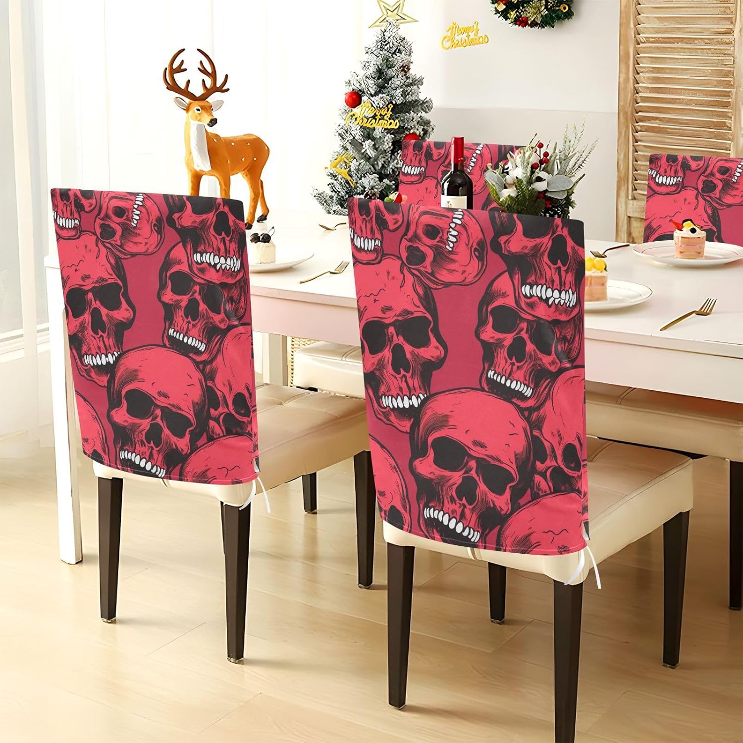 ALAZA Red Skull Vintage Chair Back Cover Set of 6, Washable Reusable Removable Chair Slipcovers Decorative Chair Cover for Home Kitchen Wedding Party