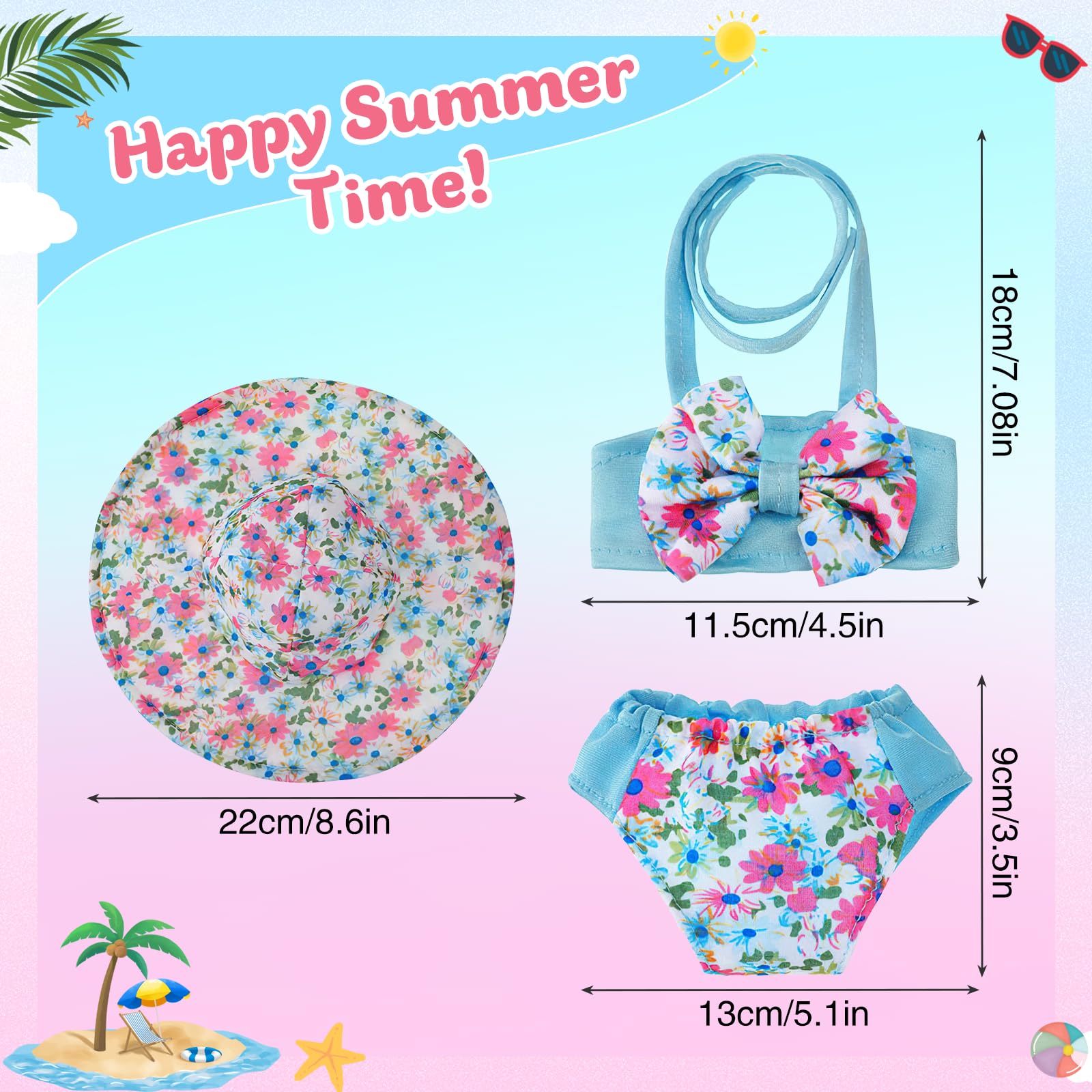 Costume da Bagno per Bambole, Set di Nuoto per Bambole, Vestiti Bambola Estate con Costumi da Bagno, Occhiali da Sole,Cappello, Pantofole, Vestite Bambole Reborn per Bambole 35-45 cm