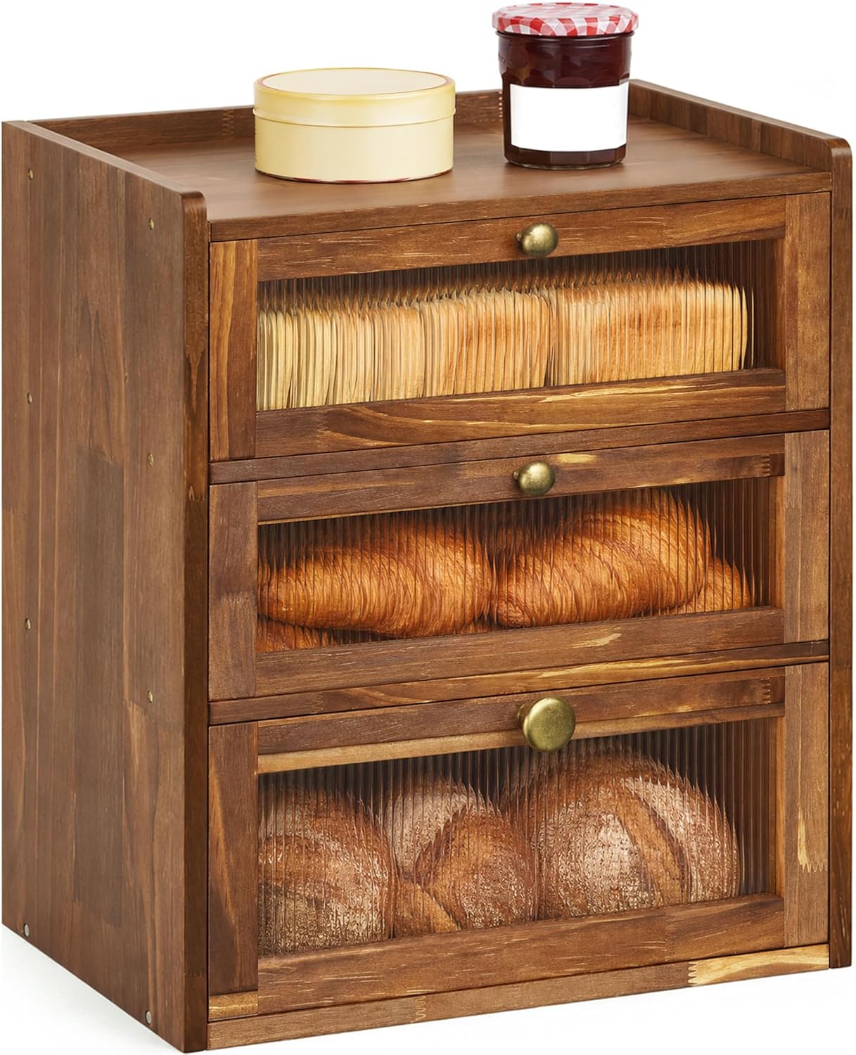 Bread Box for Kitchen Countertop, Bin 3 Layer Bread Storage Container, Wooden Breadbox Holder, Large Capacity Food Organizer, Vintage Multi-functional Container, Pantry Shelf with Acrylic Window