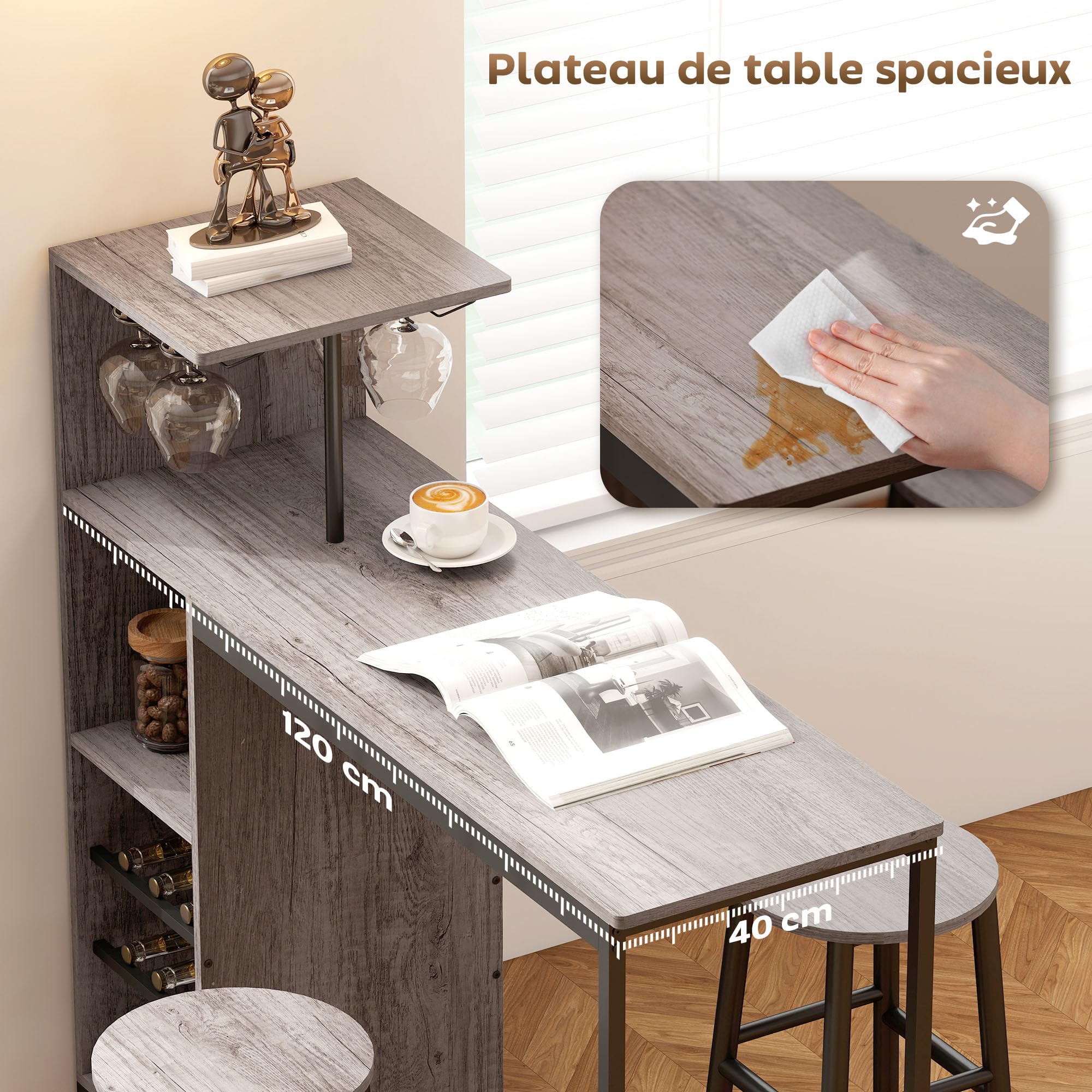 HOMCOM Ensemble Table de Bar avec Tabourets 2 Chaises Effet Bois Naturel | Table à Manger Debout, Chaises Rondes avec Repose-Pieds, Étagères de Rangement, Casiers à Vin, Porte-Verres