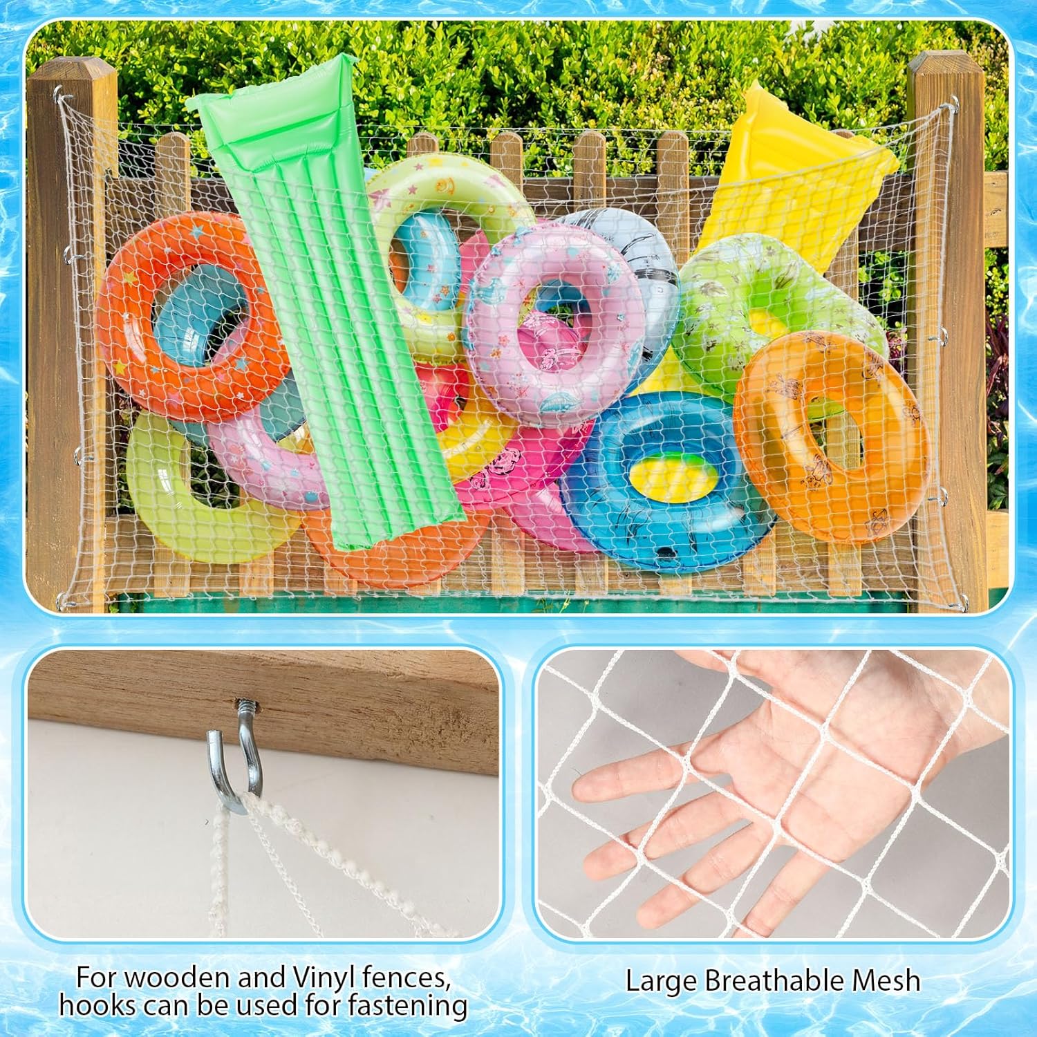 Aliceset 1/2/4 Pcs Pool Float Storage Net Bag Various Sizes Adjustable Swimming Pool Inflatable Toy Hanging Organizer Mesh Net Pouch Holder Reinforced Attaches to Poolside Fence