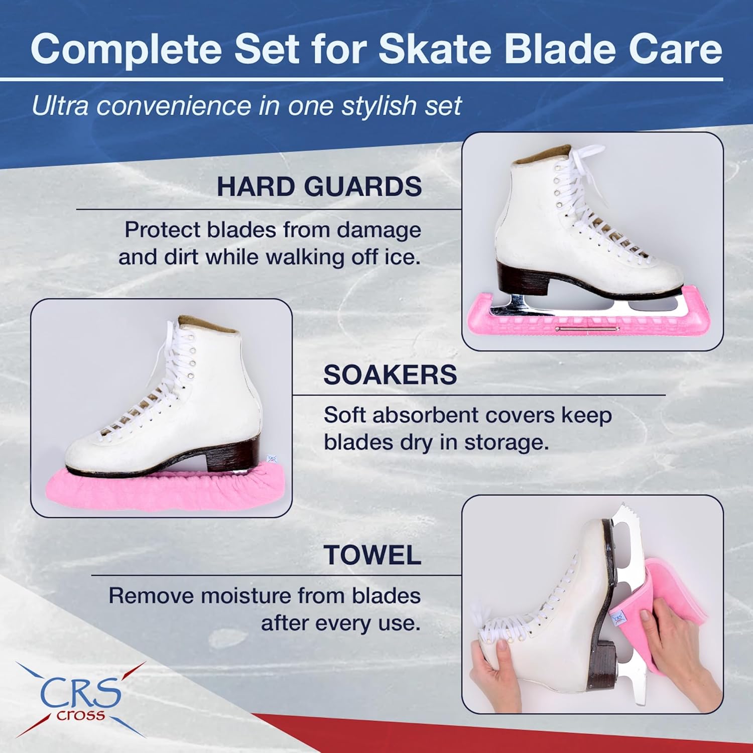 CRS Cross Skate Guards, Soakers and Towel Gift Set - Ice Skating Guards and Soft Skate Blade Covers for Figure Skating or Hockey Program Pink Large