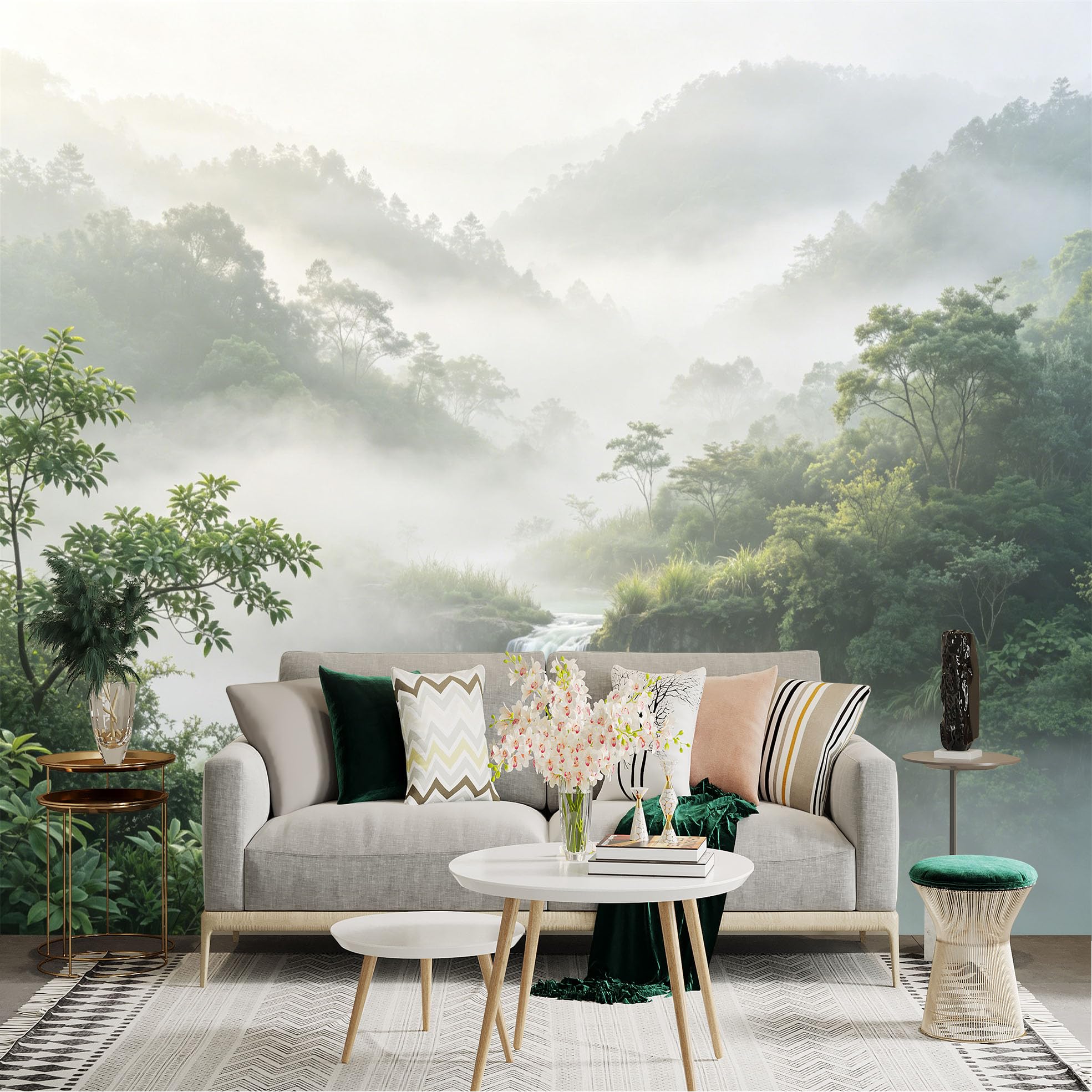 Lnzczhyre Dbh260521645 Custom Size Wall Sticker Mural， Misty Mountain Waterfall， Lush Green Forest Landscape， Morning Fog Nature Scenery， For Wall Decoration， Peelandstick Wall Decals.