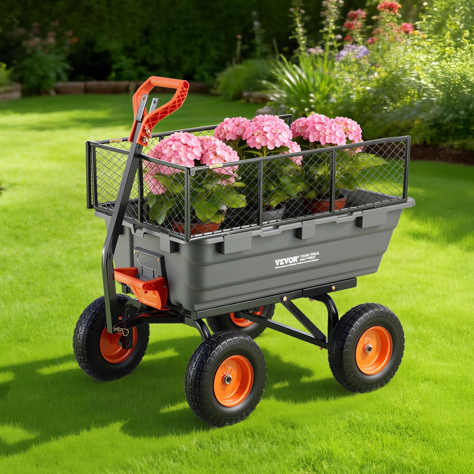 VEVOR Gartenwagen mit Kippfunktion, 544 kg Belastbarer Bollerwagen, 270° Drehbarer Transportwagen für Gartenarbeit aus Kunsttoff & Stahl mit 13 Zoll PU-Reifen & Metallzaun für Rasen, Kies & Schlamm