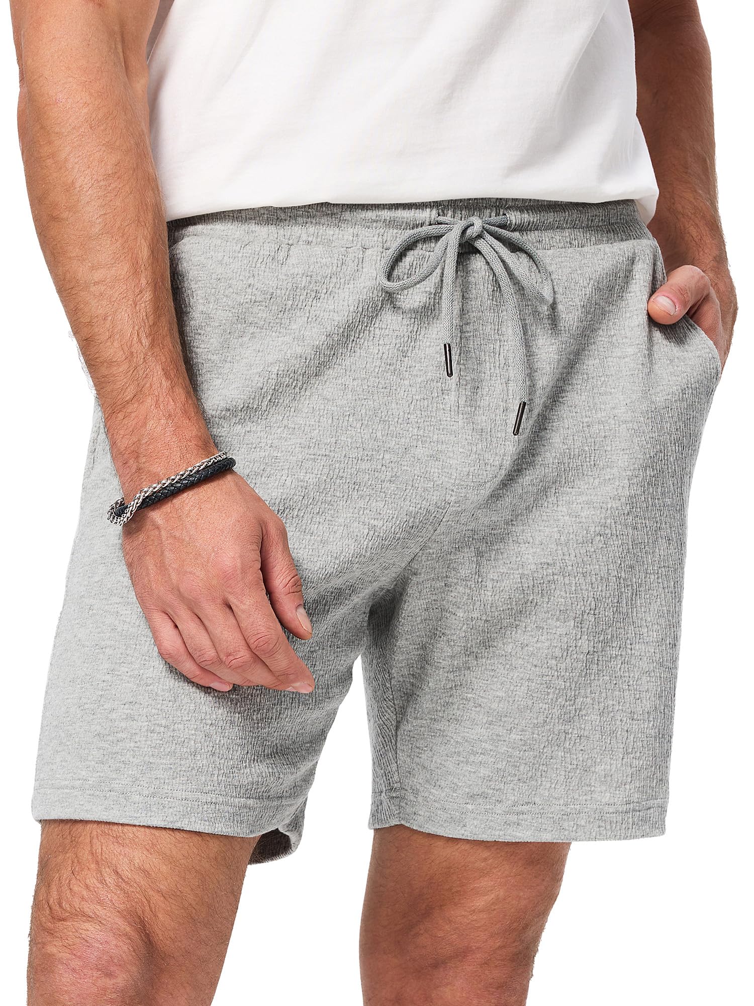 JMIERR Mens Casual 7" Shorts Cotton Elastic Waist Drawstring Summer Texture Stretch Beach Shorts with Pockets