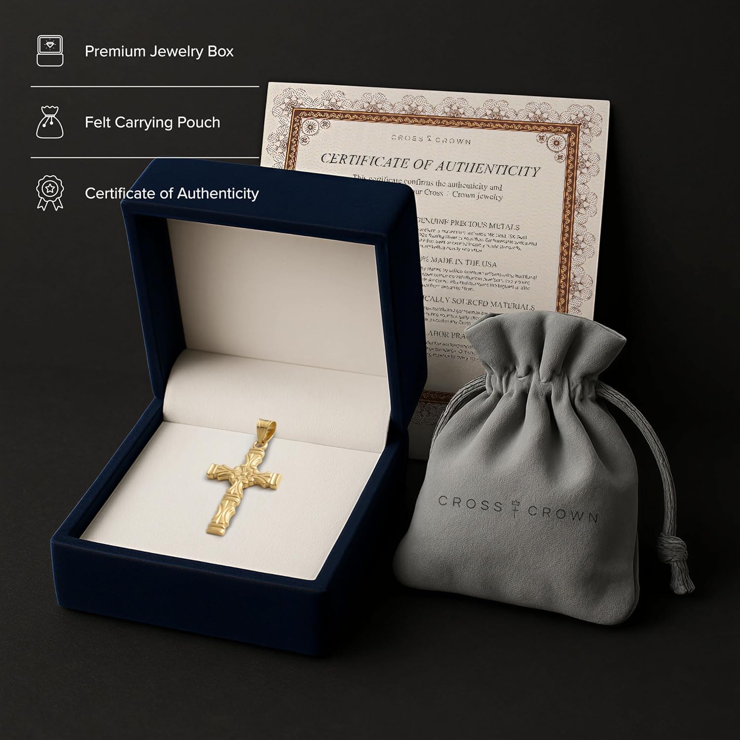 CROSS + CROWN Premium 14K Yellow Gold Cross Pendant in Regal Scroll Design, Durable Double-Bonded 14K Pendant for Necklace, Women & Mens Gold Cross for Chain, Handcrafted Religious Jewelry in the USA