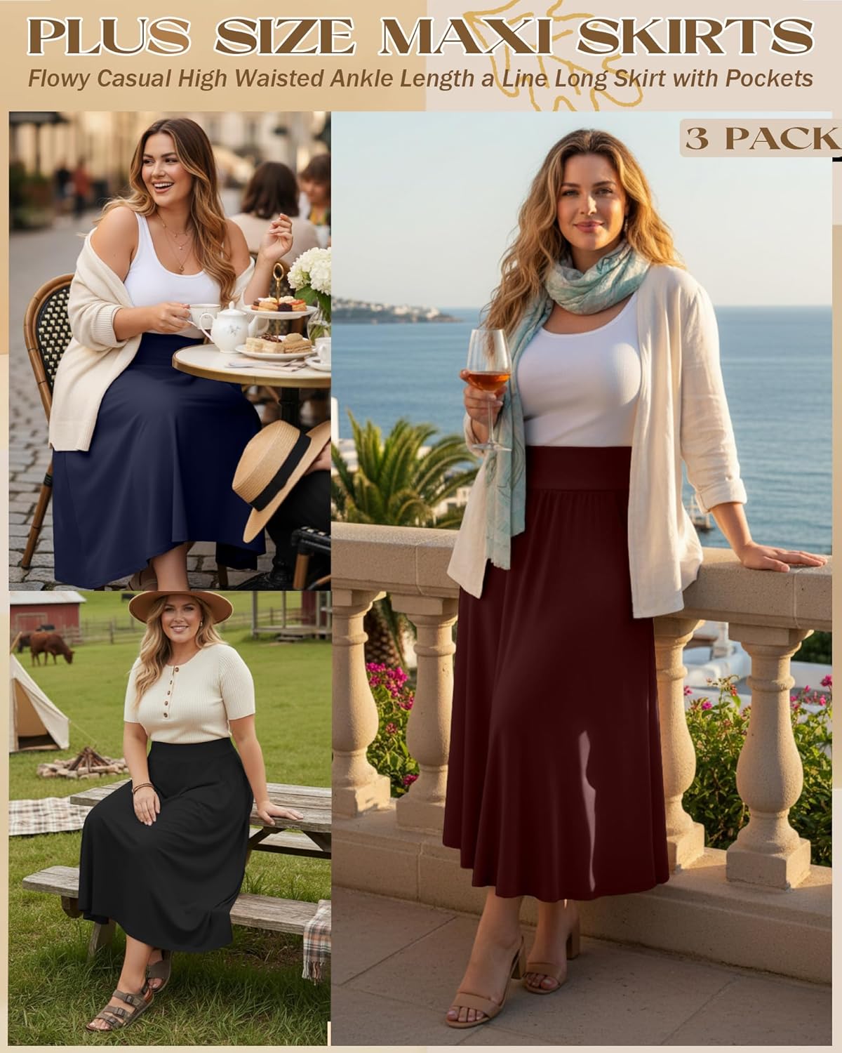 3 Pack Plus Size Maxi Skirts for Curvy Women Flowy Casual High Waisted Ankle Length a Line Long Skirt with Pockets - Image 2