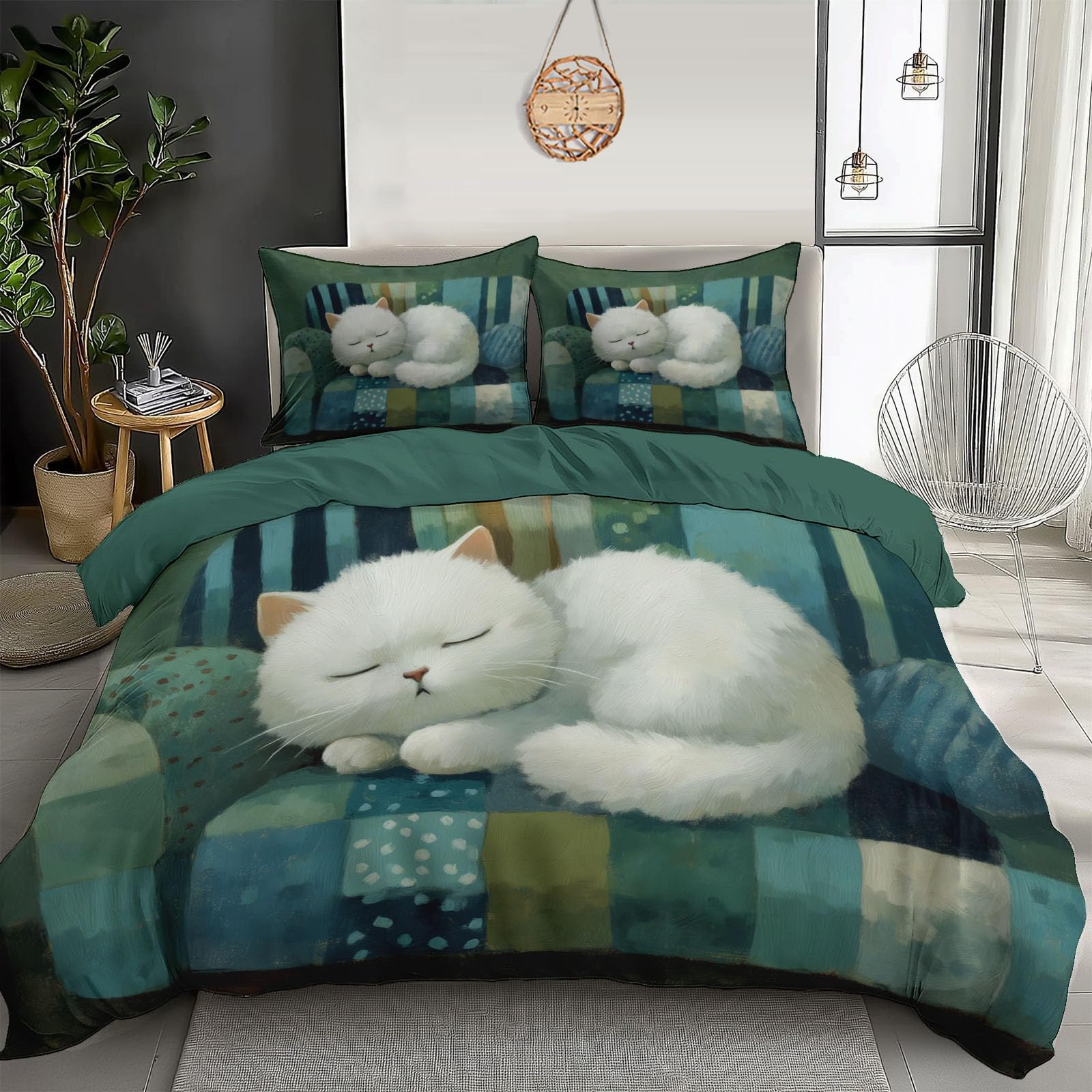 Housse de couette chat 140x200cm avec fermeture éclair et taie d'oreiller 65x65cm
