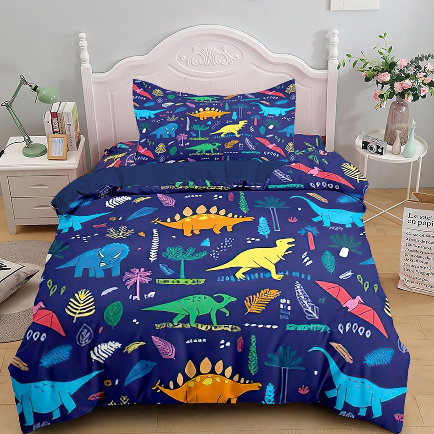 Decalsweet Dinosaur Duvet Cover Set for Boys,Dino Palm Leaf Bedding Set