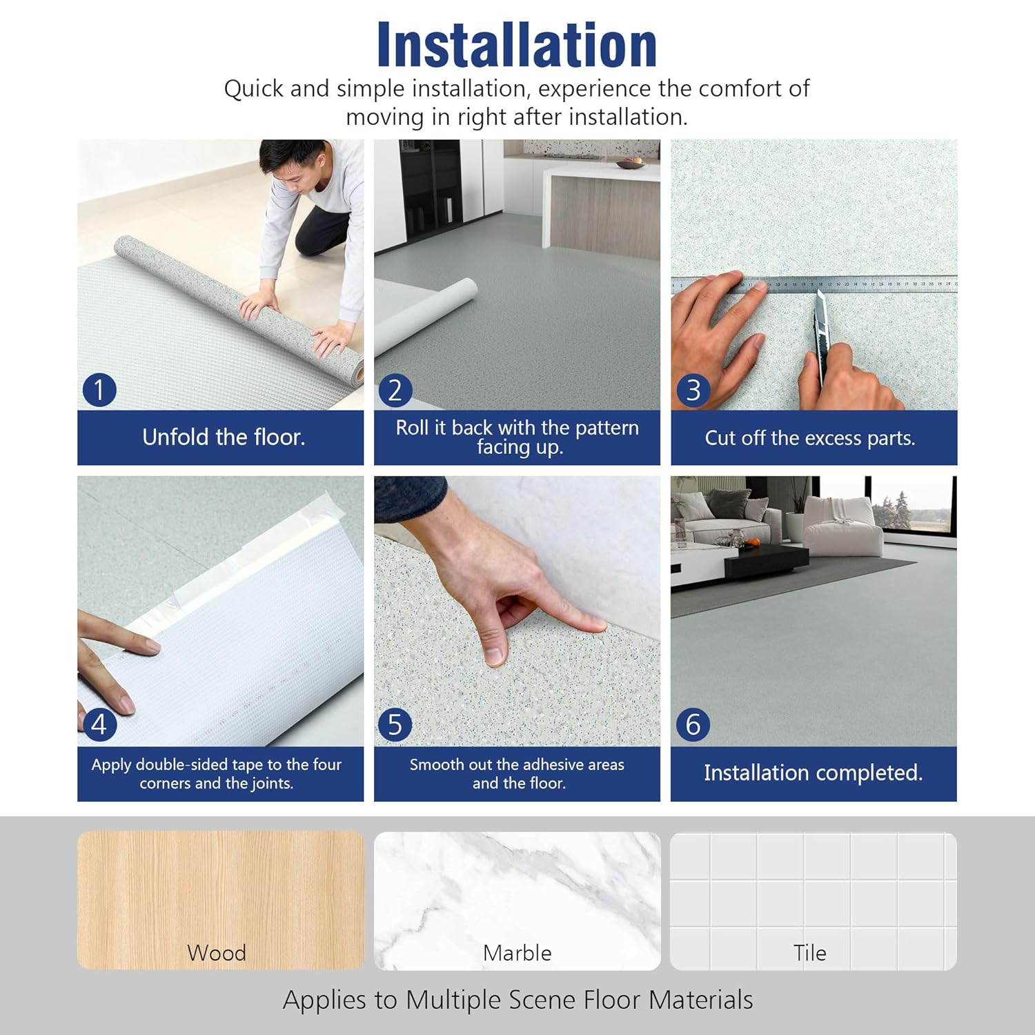 Vinyl Sheet Flooring Roll, 39.3" W x 197" L PVC Sheet Vinyl Flooring Tiles Waterproof Thicken Carpet for Bathroom Living Room Bedroom Kitchen Office (Covered 53.82 sq.ft./Box) (Gray)