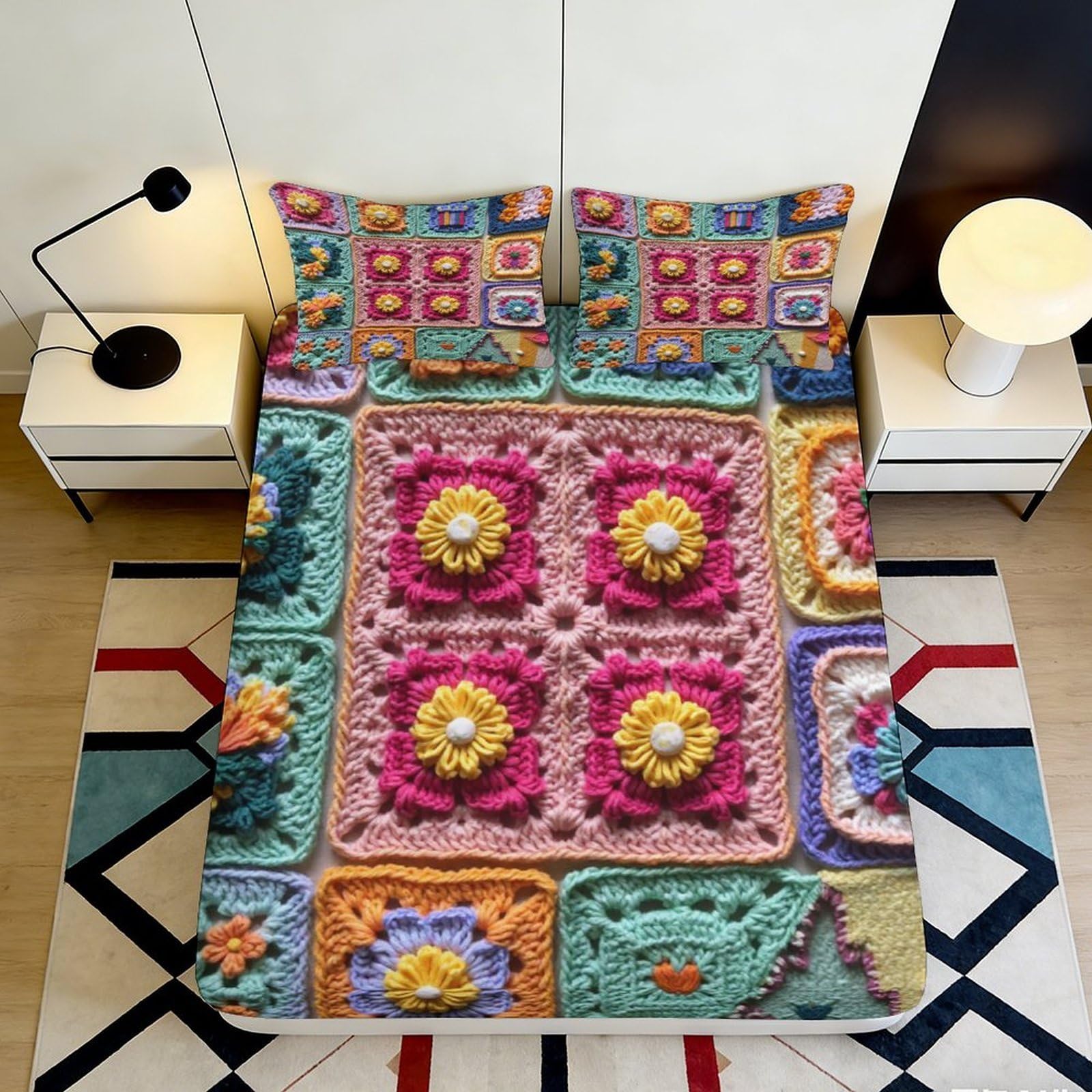3D Printed Artistic Patchwork Microfiber Fitted Sheet Deep Pocket Non-Slip Patchwork Mattress Fitted Cover Bedroom Bedding Protection 140x200x25cm