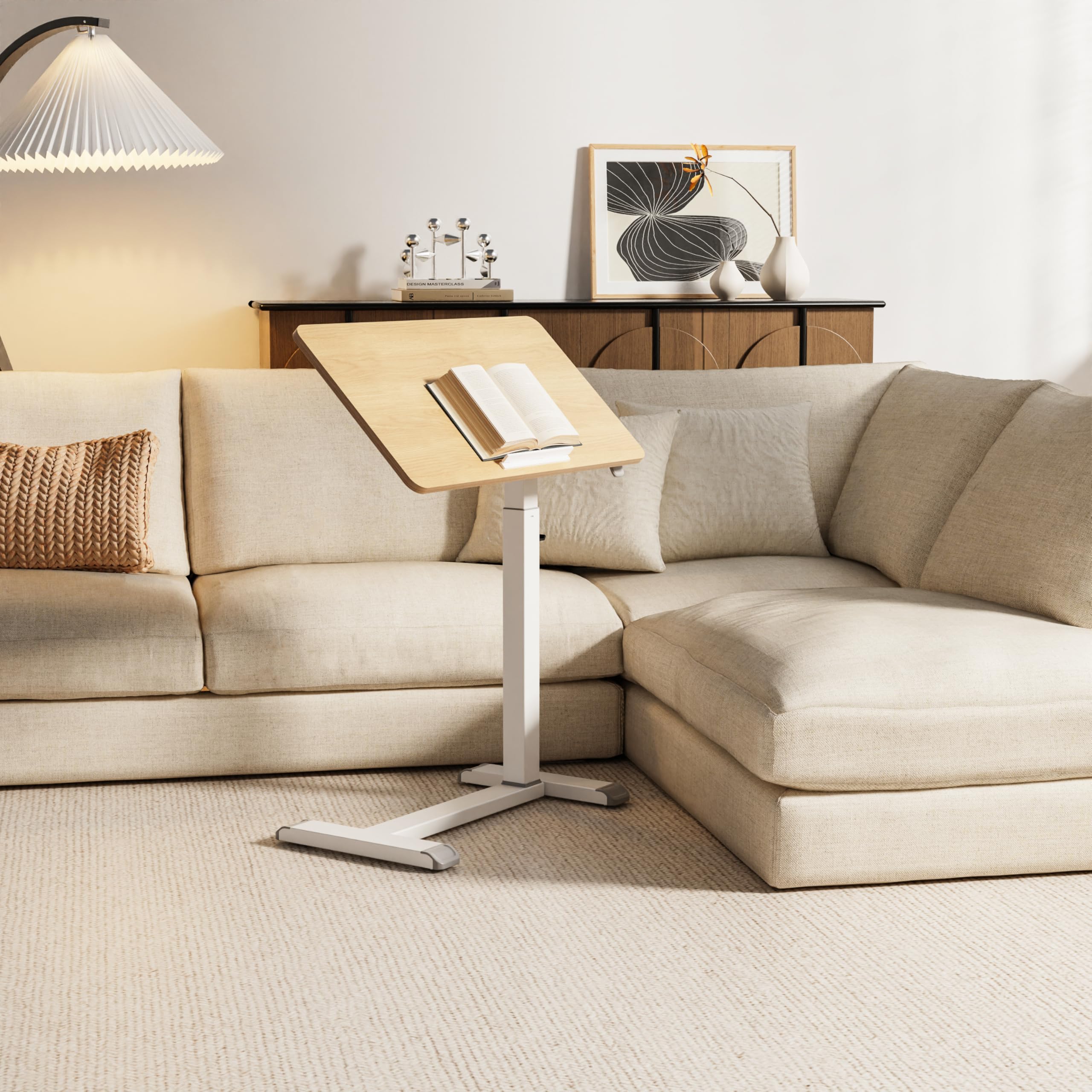 ETHU Escritorio de pie, altura ajustable de 71-107 cm, mesa para portátil con parte superior reversible, mesa auxiliar móvil con ruedas ocultas, mesa de 77 x 40 cm para oficina, sala de estar (madera)