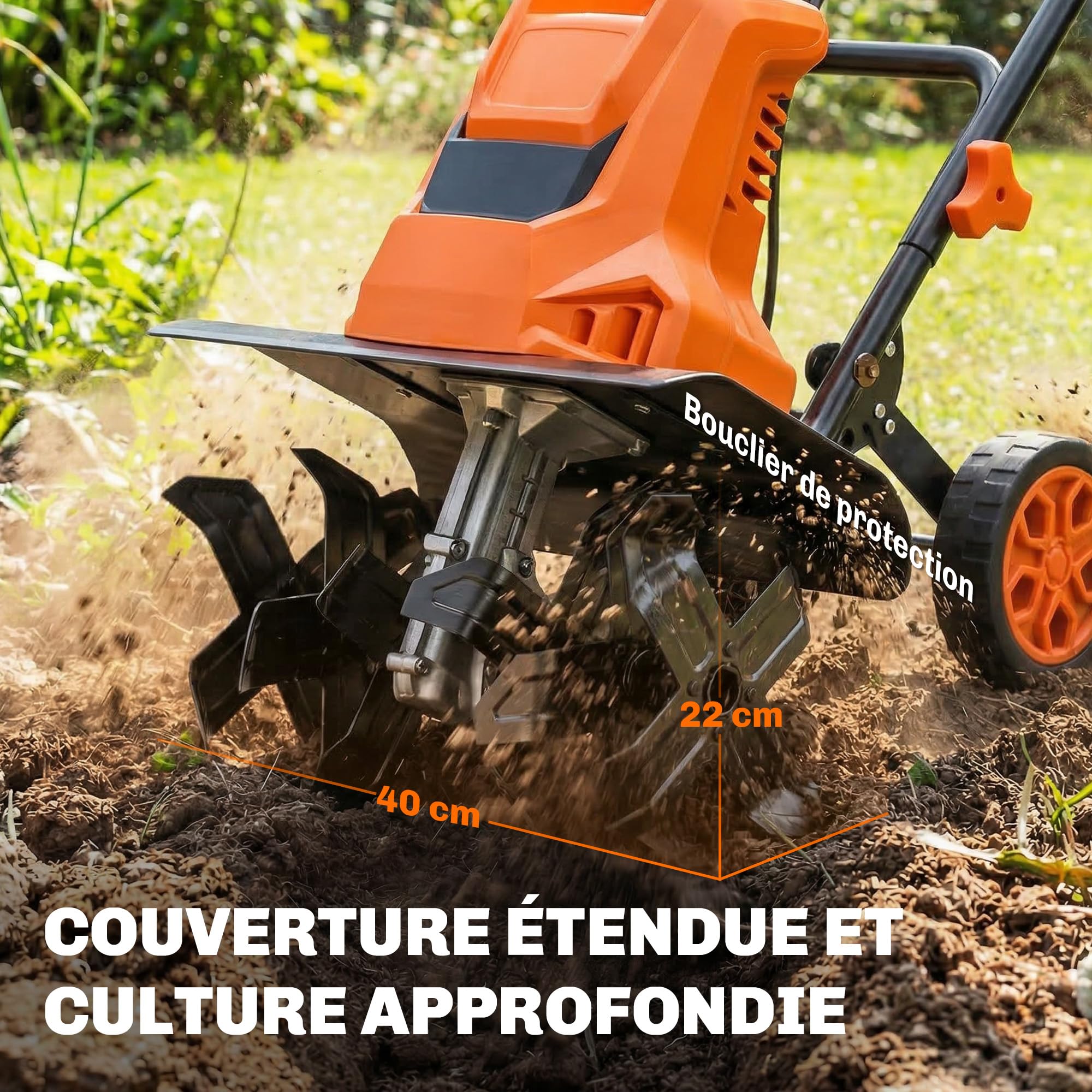 Outsunny Motobinadora eléctrica de 1500 W de jardín manejable – 6 cuchillas 65 Mn ancho 40 cm profundidad 20 cm – Motocultor plegable e impermeable IPX4 para huerto y cultivo orgánico, naranja