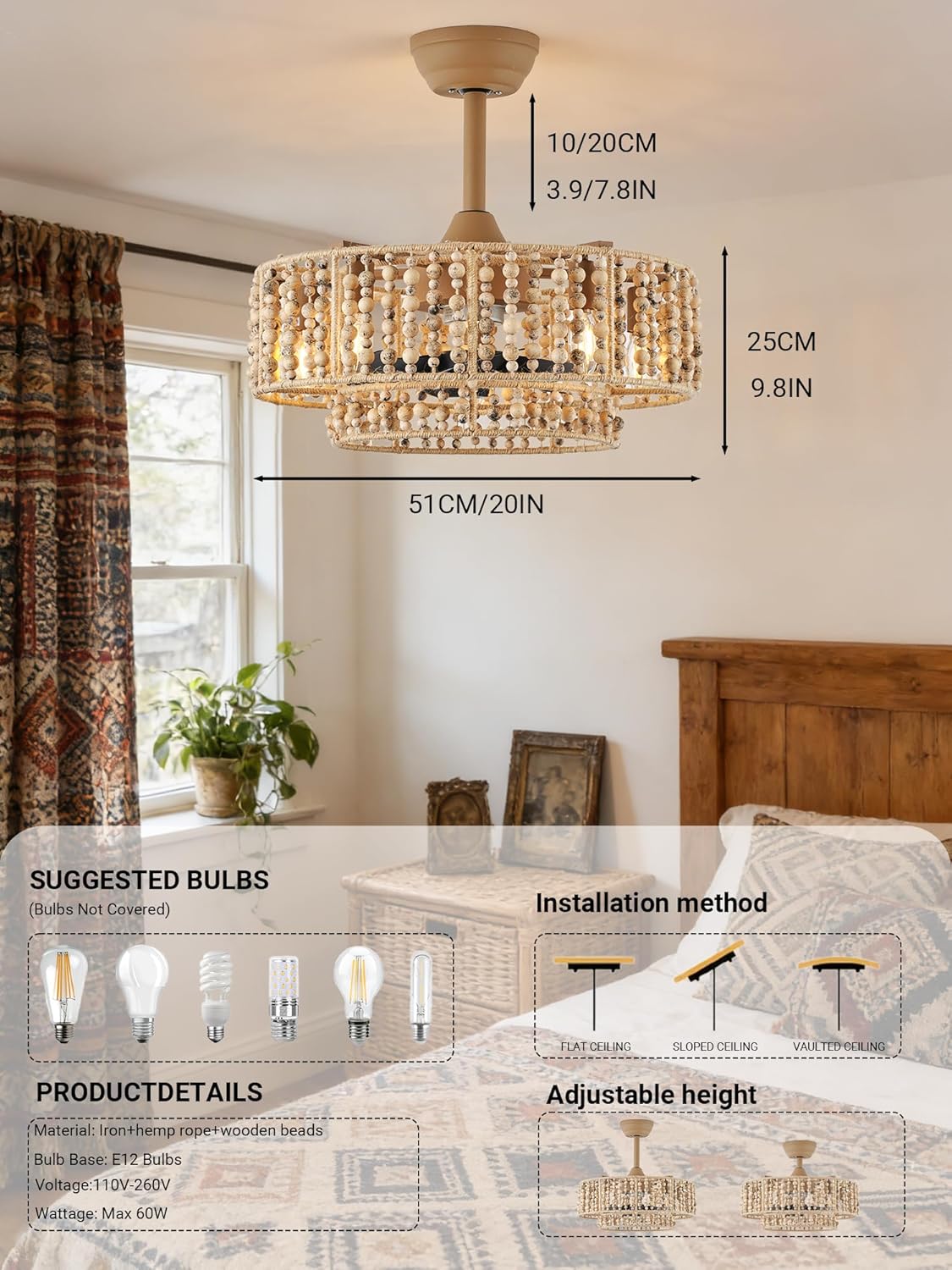 Boho Caged Ceiling Fan with Light,20" Fandelier Bladeless Ceiling Fans with Lights and Remote,Flush Mount Wood Beaded with 6 Speeds for Bedroom Dining Room Kitchen