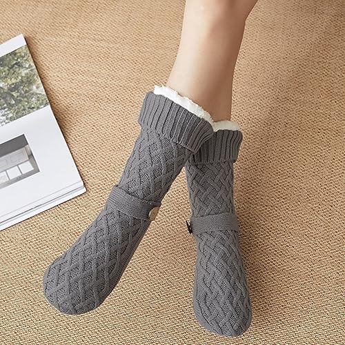 Miniatura 3 de Oplxuo Calcetines tipo pantufla para mujer con pinzas para mujer, calcetines cálidos de punto trenzado mullido, calcetines de invierno acogedores