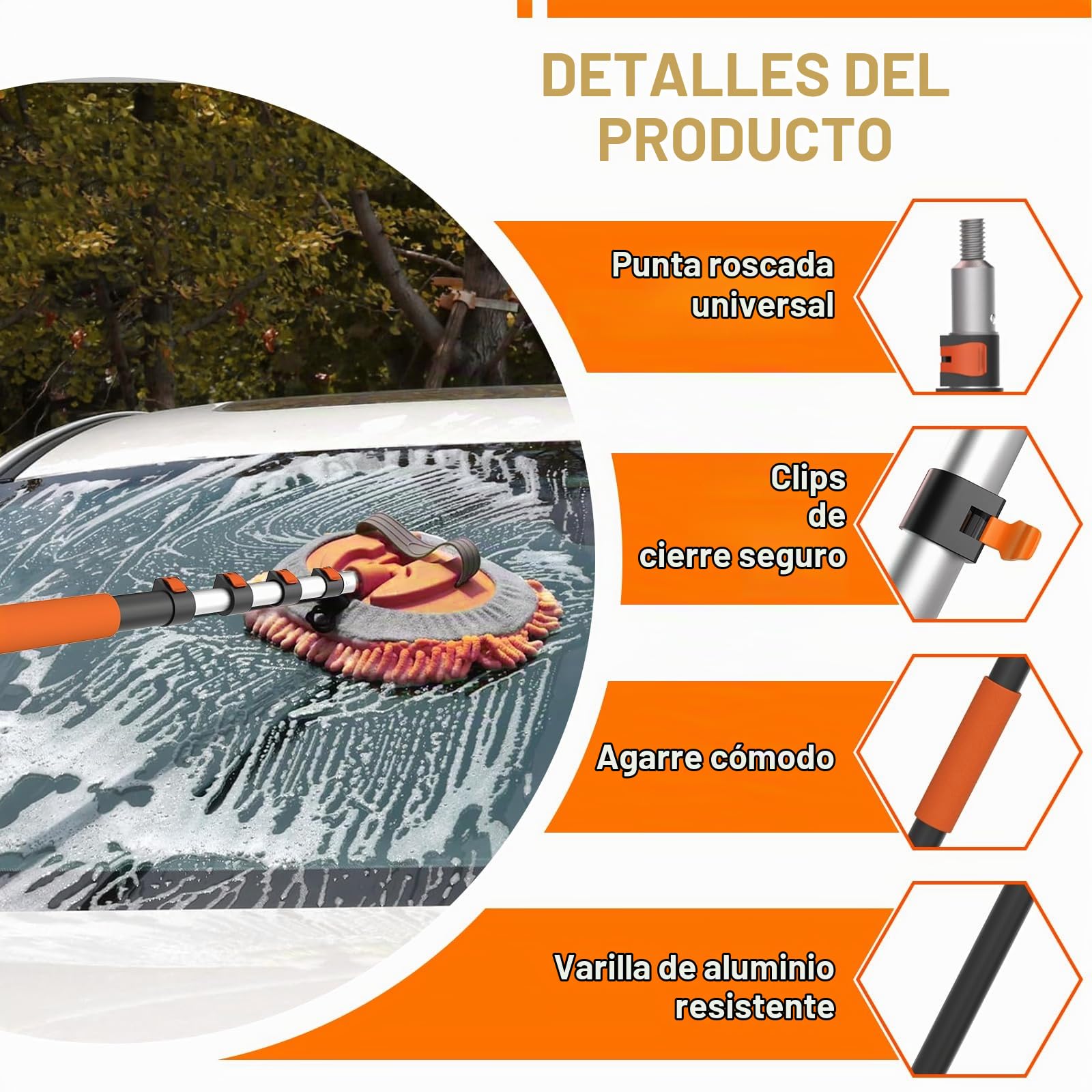 LAANPOLE Cepillo de Lavado de Coche con Mango Largo 3,6m, Kit de Limpieza de Coche con Cepillo de Cerdas Suaves, Mopa de Microfibra, Magenera de Ventanas, Manopla, Cepillo para Rines para Autocaravana