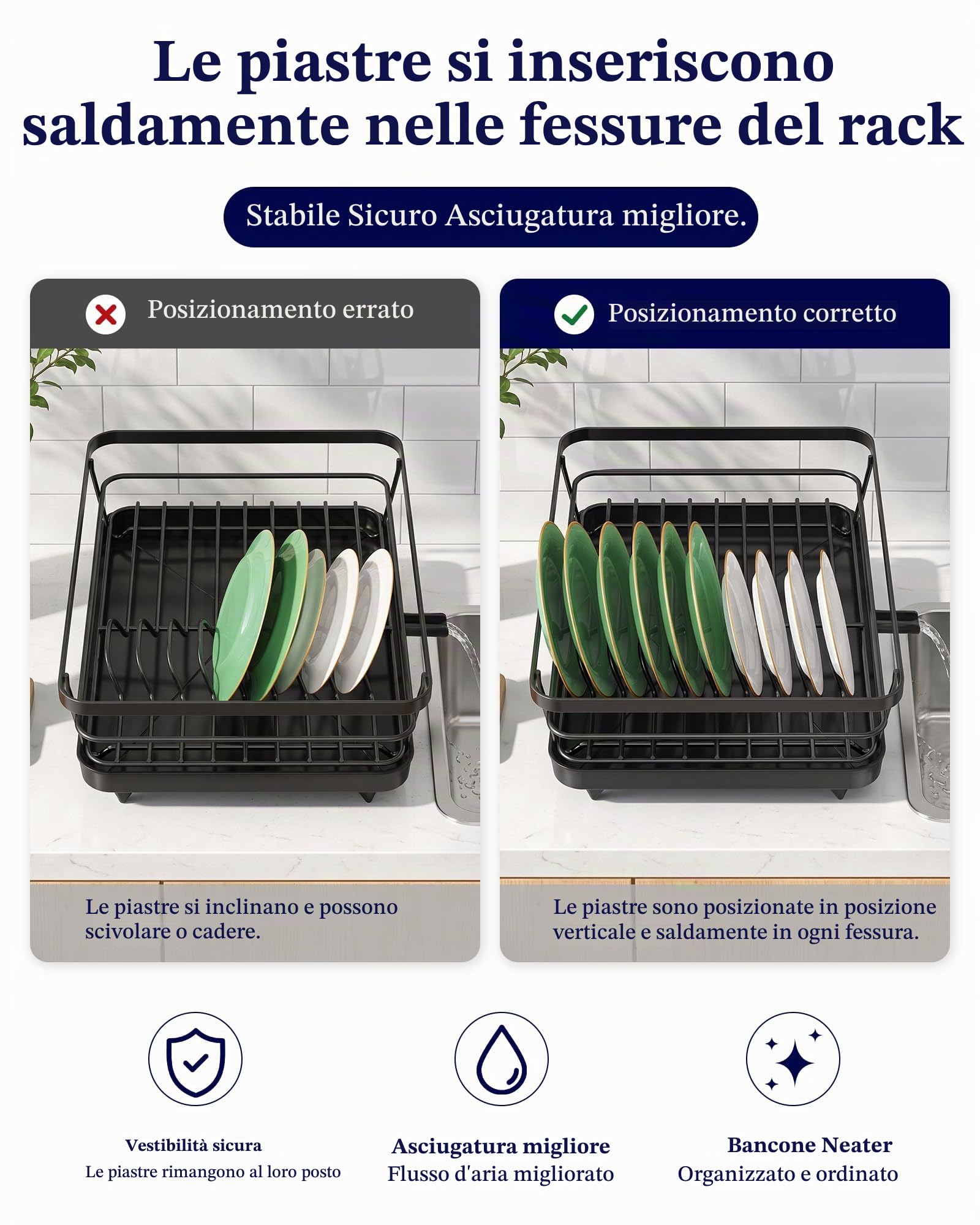 Kitsure Scolapiatti salvaspazio, scolapiatti per bancone della cucina, scolapiatti in acciaio inox con portaposate, 30,5 cm di larghezza x 38 cm di lunghezza, nero