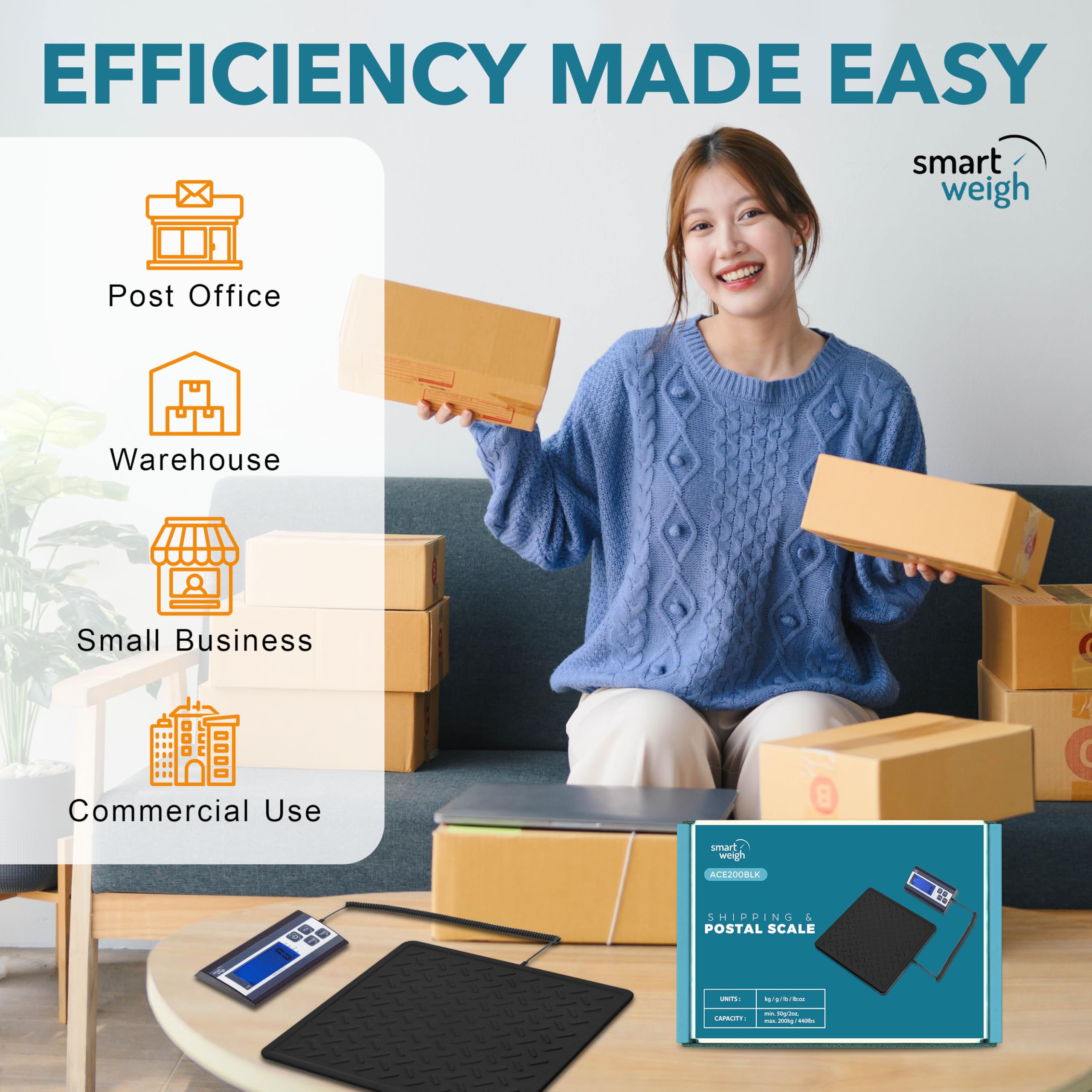 Smart Weigh Digital Postal Shipping Scale 440 lb Capacity 1 oz Readability Hold Tare Functions Battery or USB-C — view 3