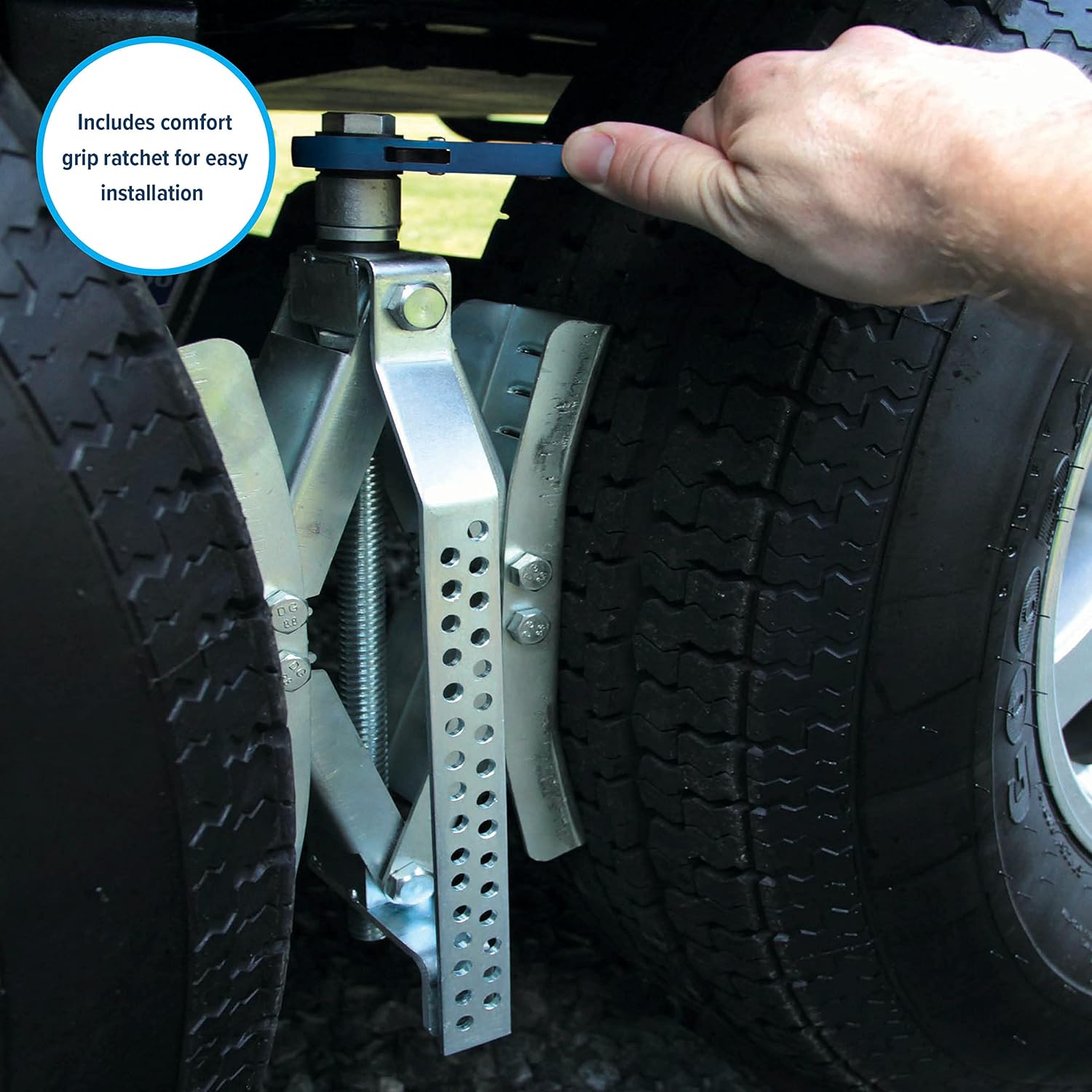 Camco Eaz-Lift 10-Inch Metal Wheel Stop with Wrench and Lock for RVs - Fit a Tire Spacing 3 to 10-inches - 2-Pack (44661)