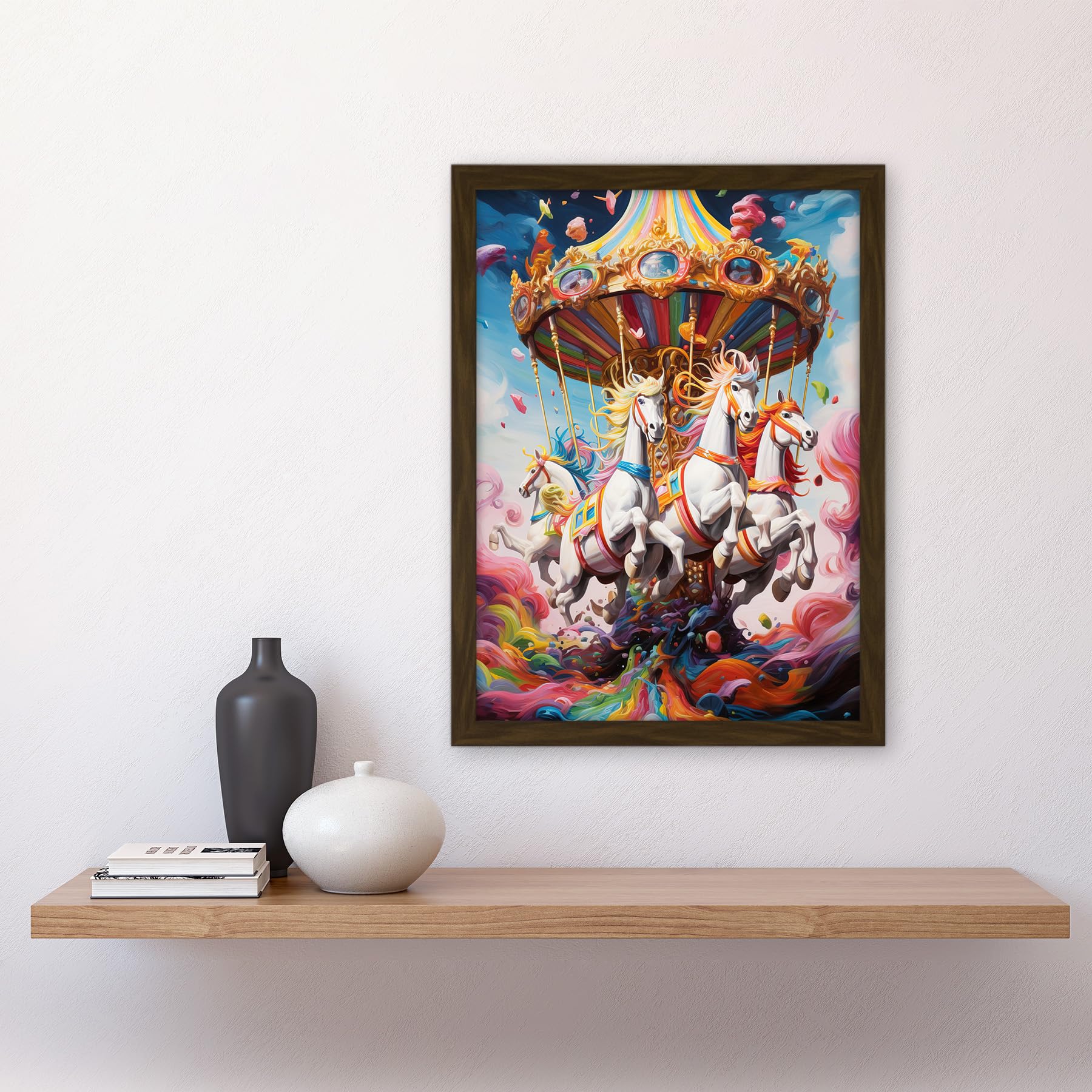 Artery8 Magical Carousel in Rainbow Clouds Bright Bold Vibrant Fantasy Kids Bedroom Baby Nursery Artwork Framed A3 Wall Art Print - Image 2