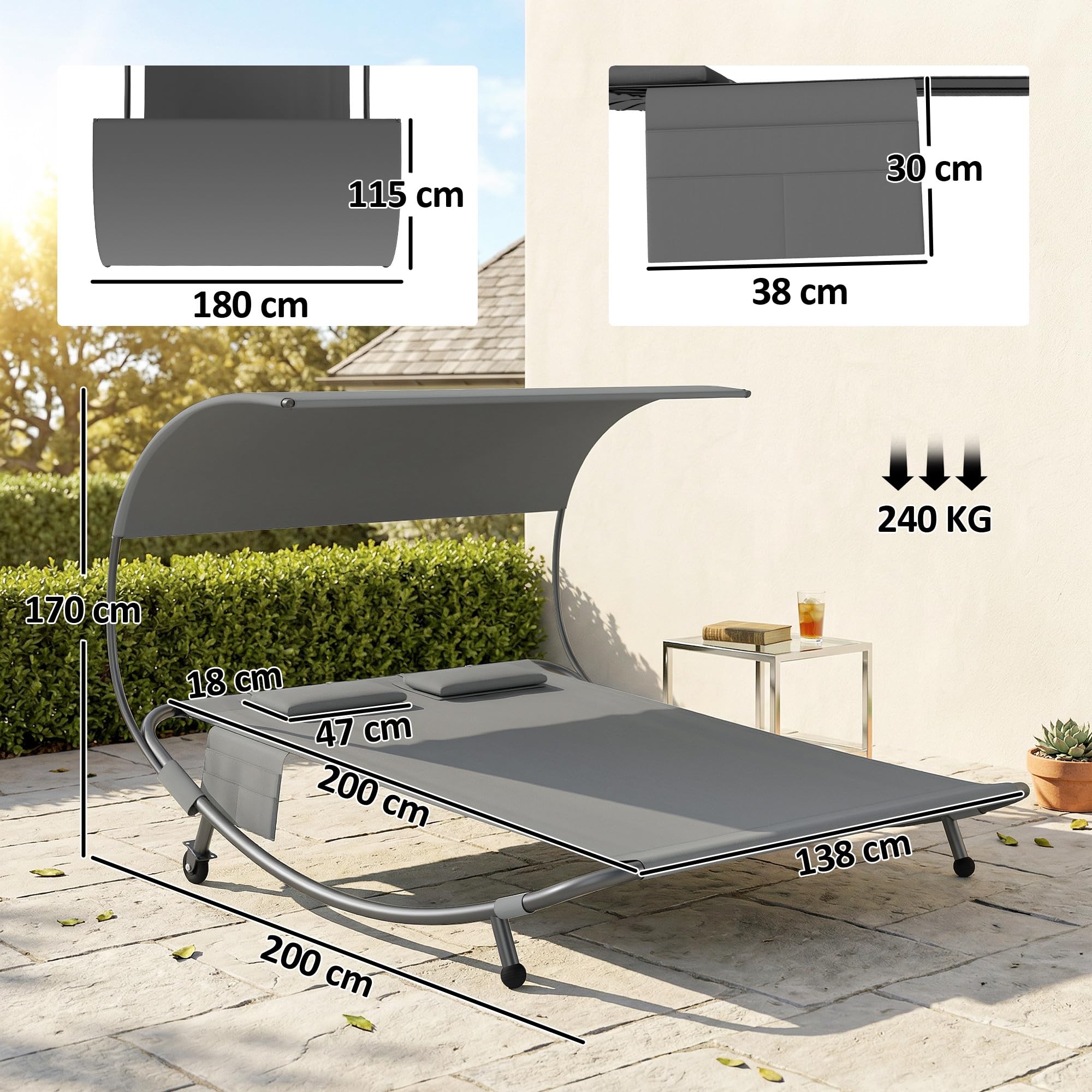 Outsunny Tumbona doble de jardín con techo extraíble, tumbona de jardín de 2 plazas de textil con ruedas, 2 cojines, bolsillos, estructura de acero, para terraza y piscina, máx. 240 kg, gris