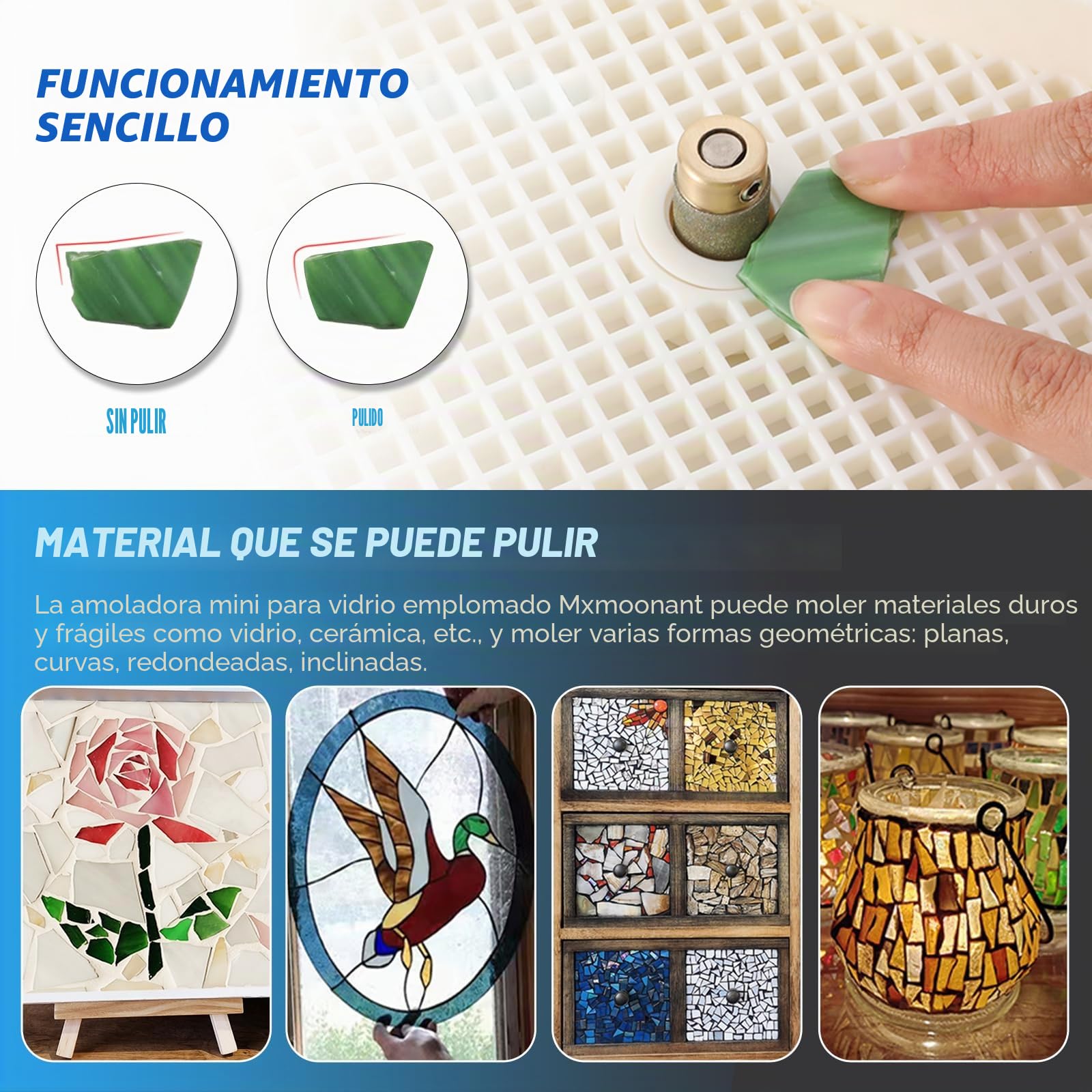 Mxmoonant Amoladora vidrieras 4200 RPM, brocas 5/8" y 1" | deflector, gafas seguridad, kit mini DIY para mosaicos, cerámica y vidrio (Azul)