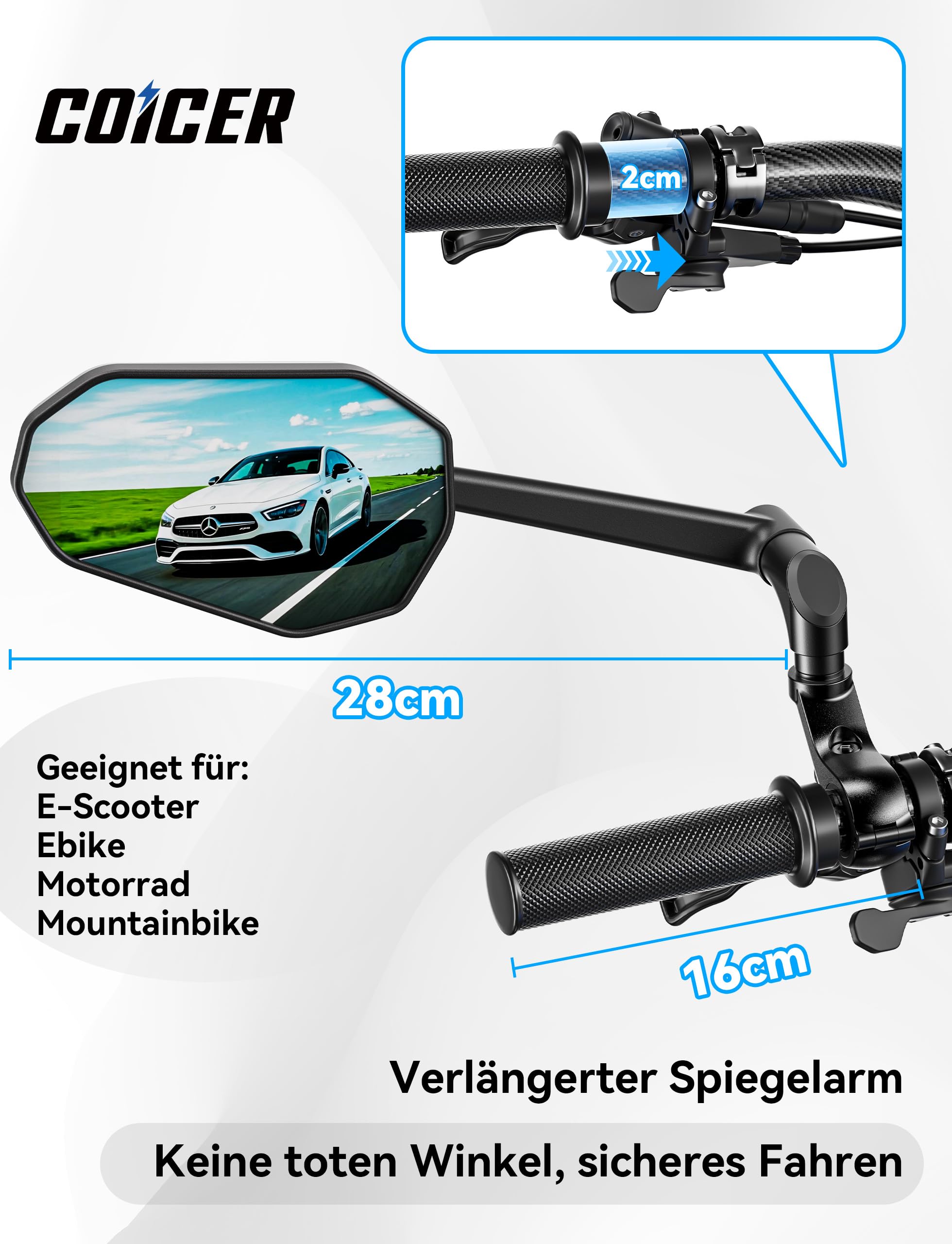 Fahrradspiegel für E-Bike Links, 360° Klappbar & Drehbar Fahrrad Rückspiegel mit Große Spiegelfläche, Fahrrad Spiegel Links für Ebikes, Spiegel für Fahrrad Schlagfestes Echtglas, Fahrradzubehör E-bike