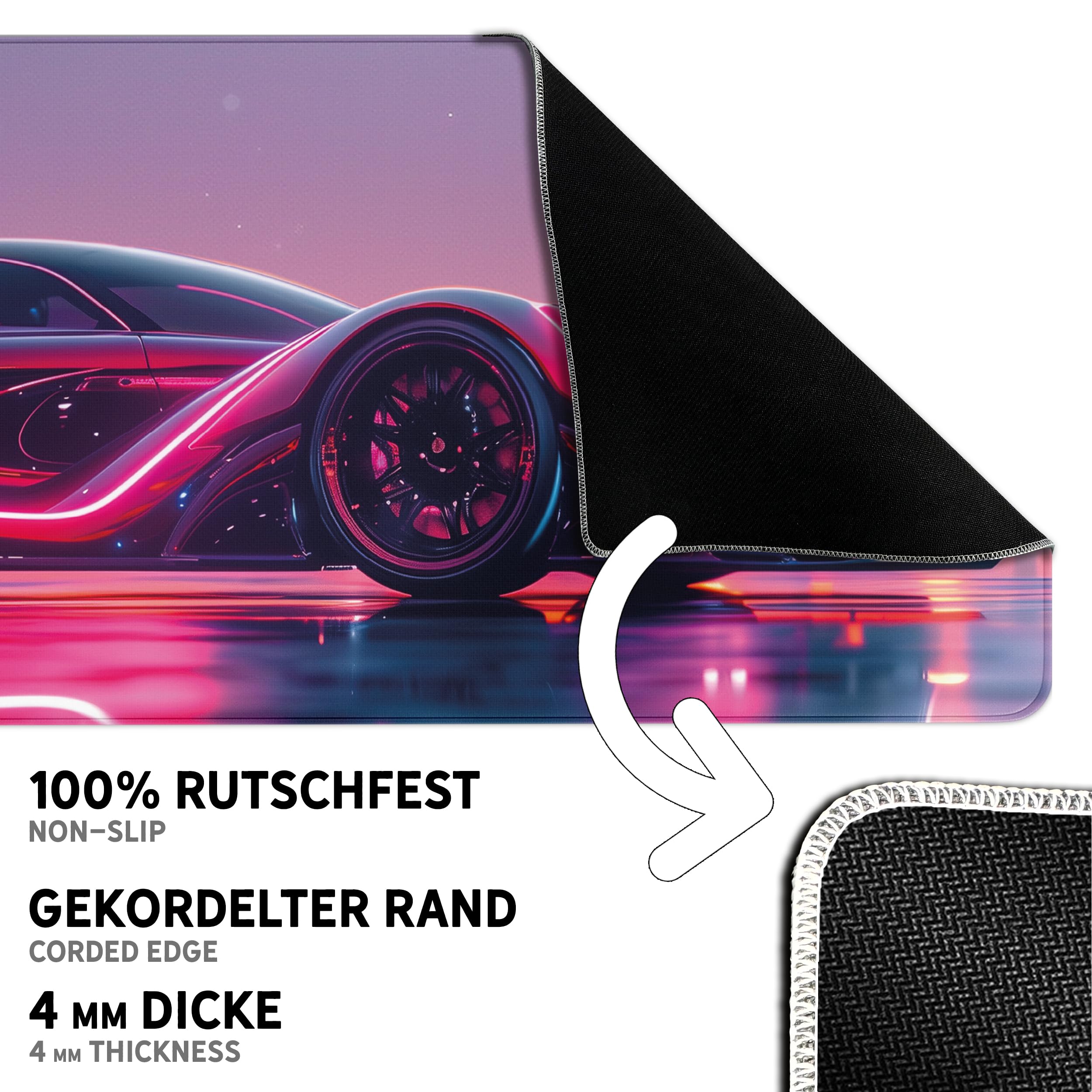Tapis de souris de jeu XXL Motif voiture néon 90 x 40 cm Épaisseur 4 mm Antidérapant Bureau PC Bureau