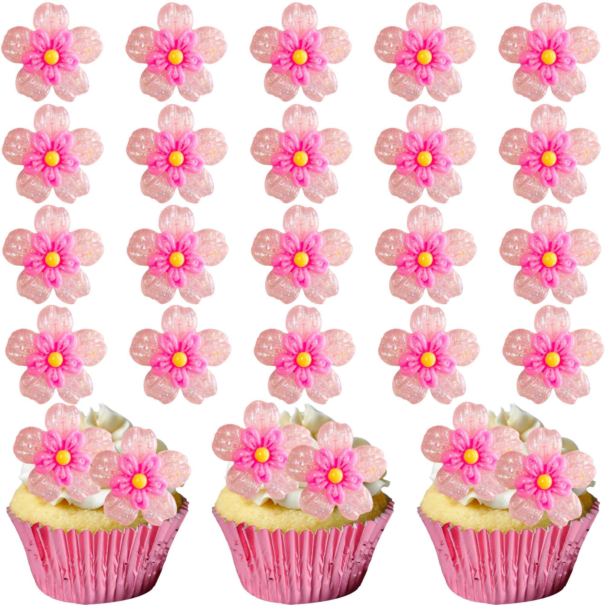 Gyufise 30Pcs Cherry Blossom Cupcake Toppers Peach Blossom Flowers Cupcake Picks Flowers Birthday Decorations for Bridal Engagement Baby Shower Birthday Wedding Party Supplies Pink 3