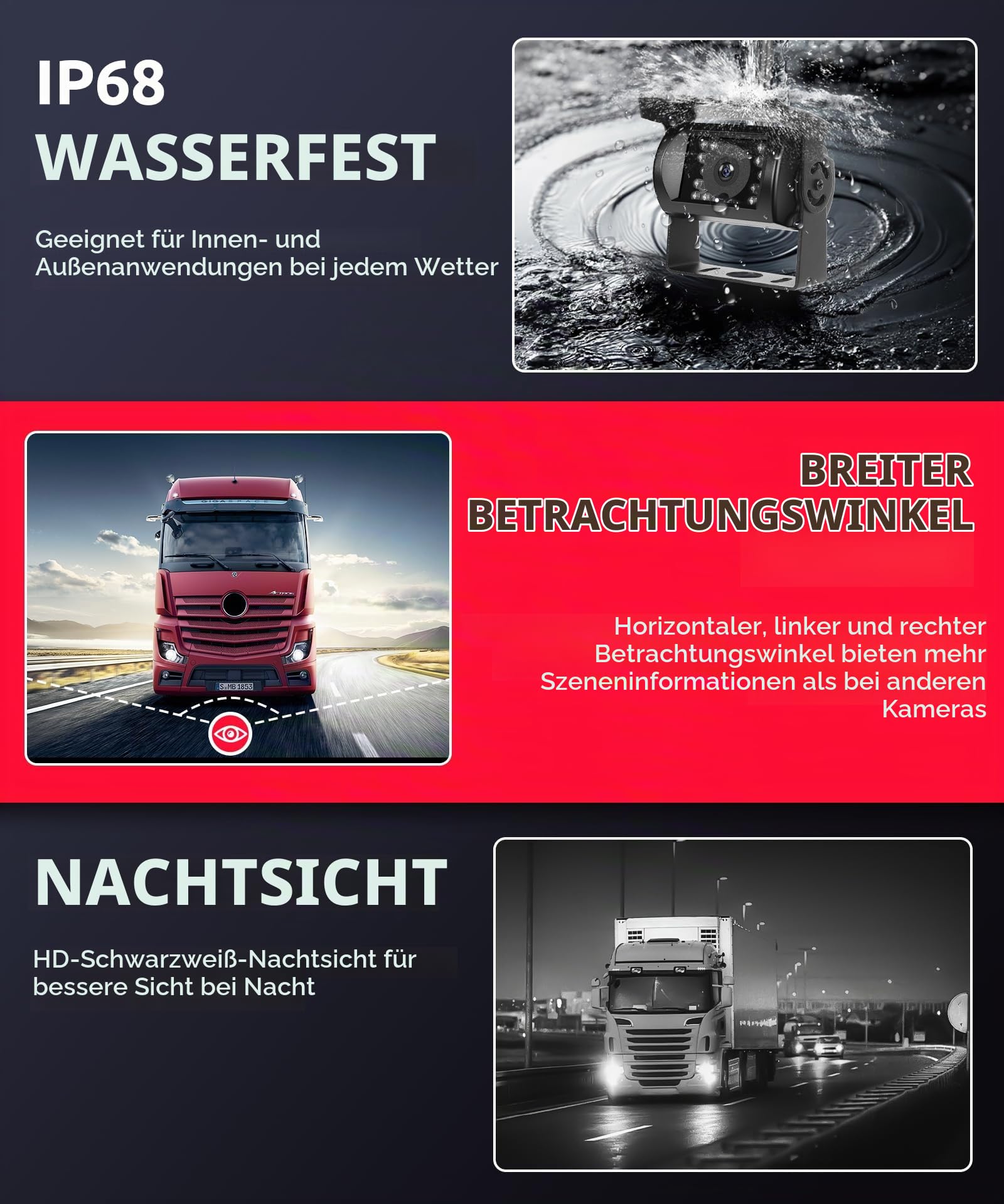 Rimoody Kabellos Rückfahrkamera Set mit 7 Zoll Monitor, 1080P Funk Rückfahrkamera IP68 Wasserdicht, Nachtsicht, BSD, Image Flip, Rückwärtshilfe für LKW/Bus/Van/Wohnmobile/Anhänger/Landfahrzeug 12V-36V