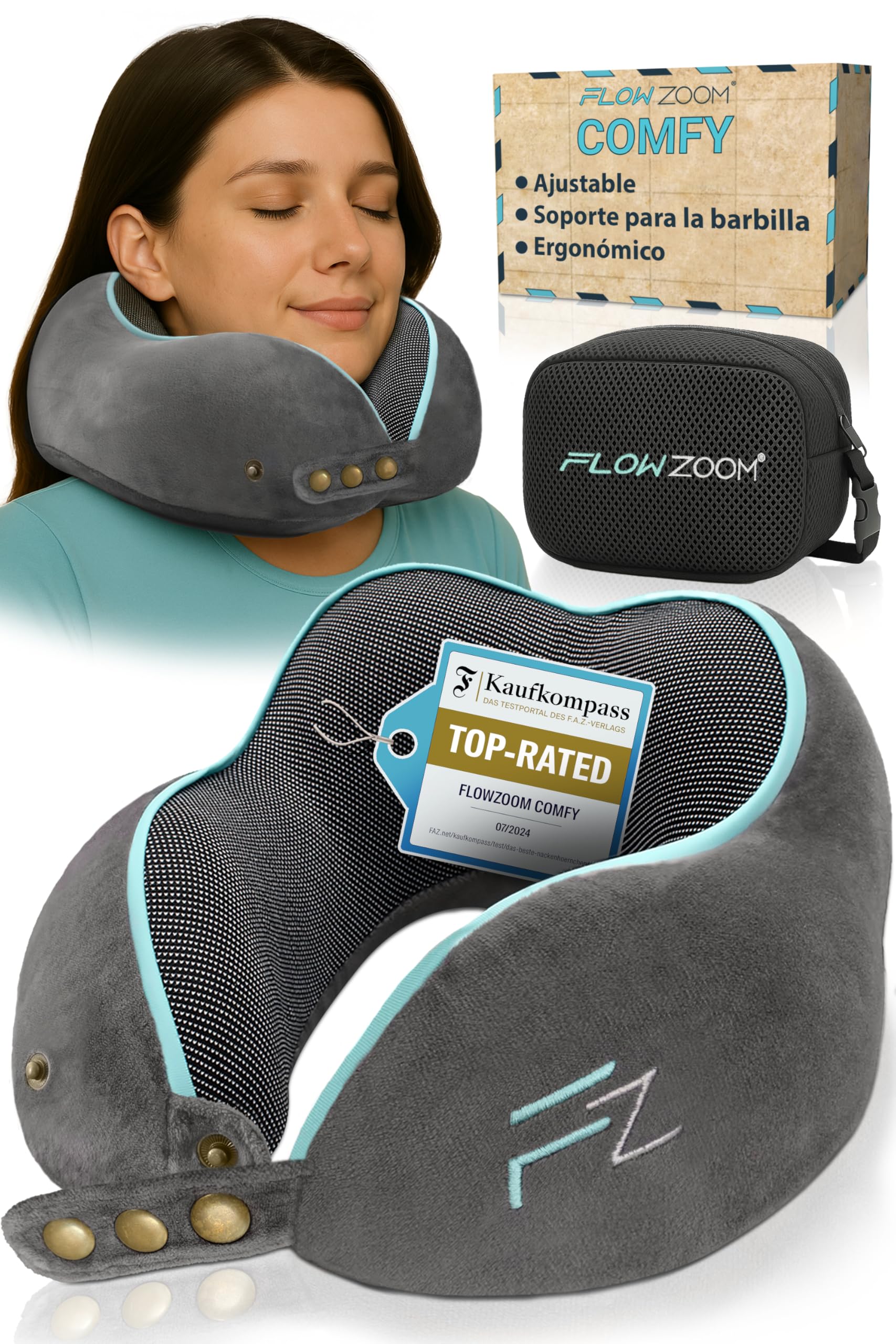 FLOWZOOM Comfy Almohada de Viaje Viscoelástica – Soporte Ajustable 360°, Funda de Felpa Suave y Lavable, con Bolsa Compacta – Cojín de Cuello para Avión, Coche y Tren – Gris