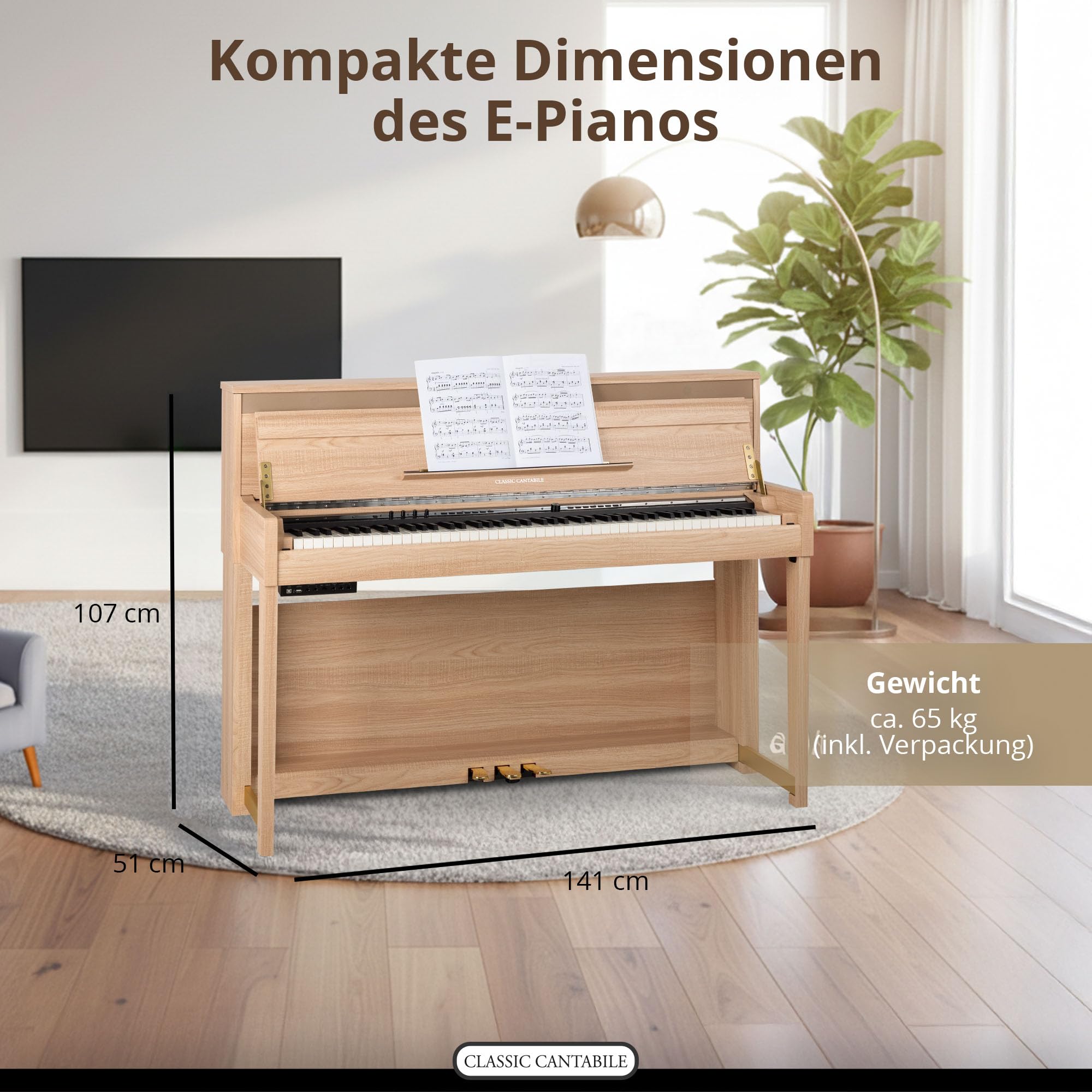 Classic Cantabile UP-1 LA Piano Droit Numérique - 88 Touches Clavier électronique à marteaux - Synthetiseur avec USB, MIDI, 40 voix, 256 polyphonie - Set avec Banc et Casque - Chêne Clair