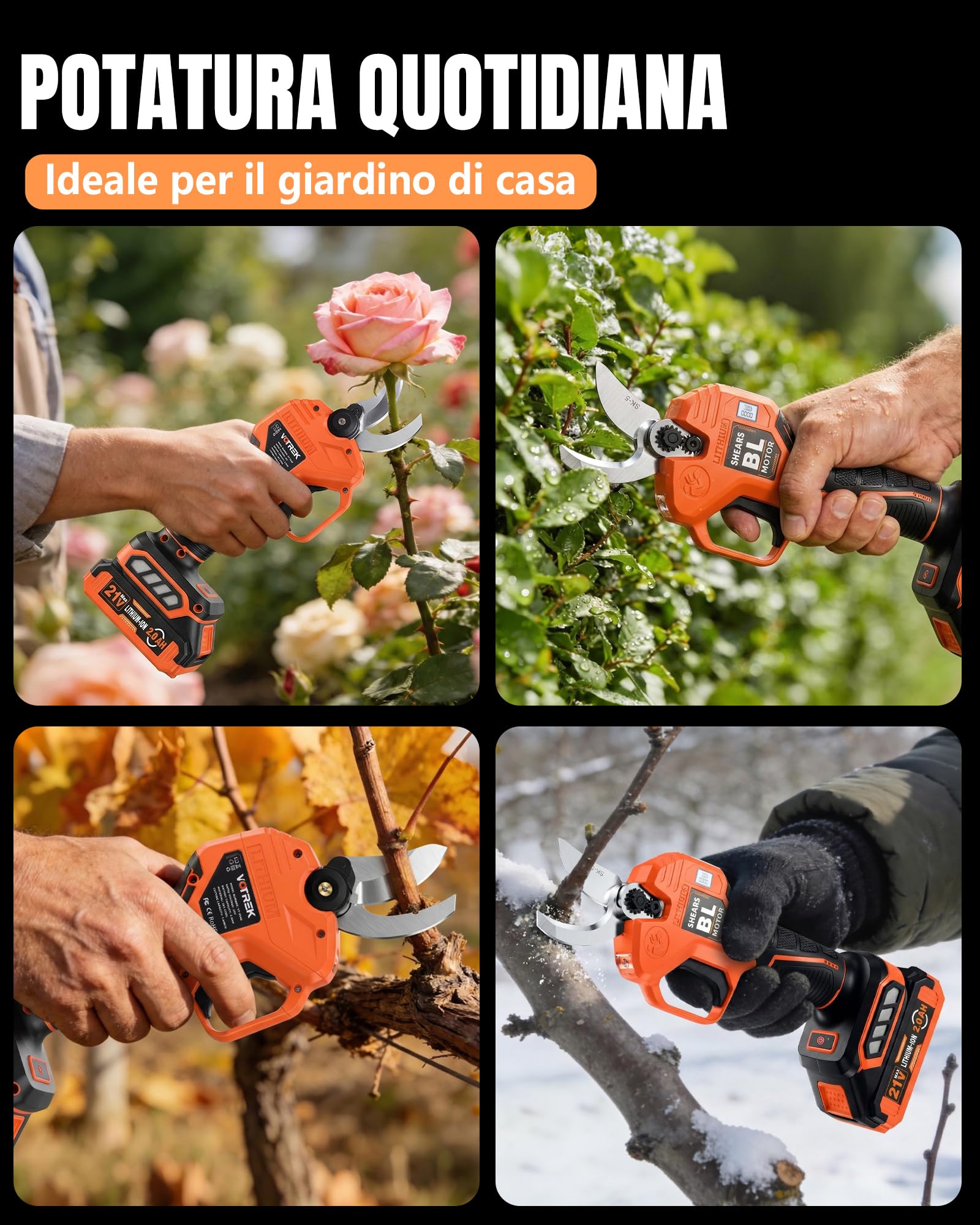 Forbici da Potatura Elettriche 40mm con Batteria 2,0 Ah Inclusa, Motore Brushless 600W, Lama SK5, LED, Blocco di Sicurezza, Pronte all'Uso come Cesoia Elettrica per Giardino e Alberi da Frutto