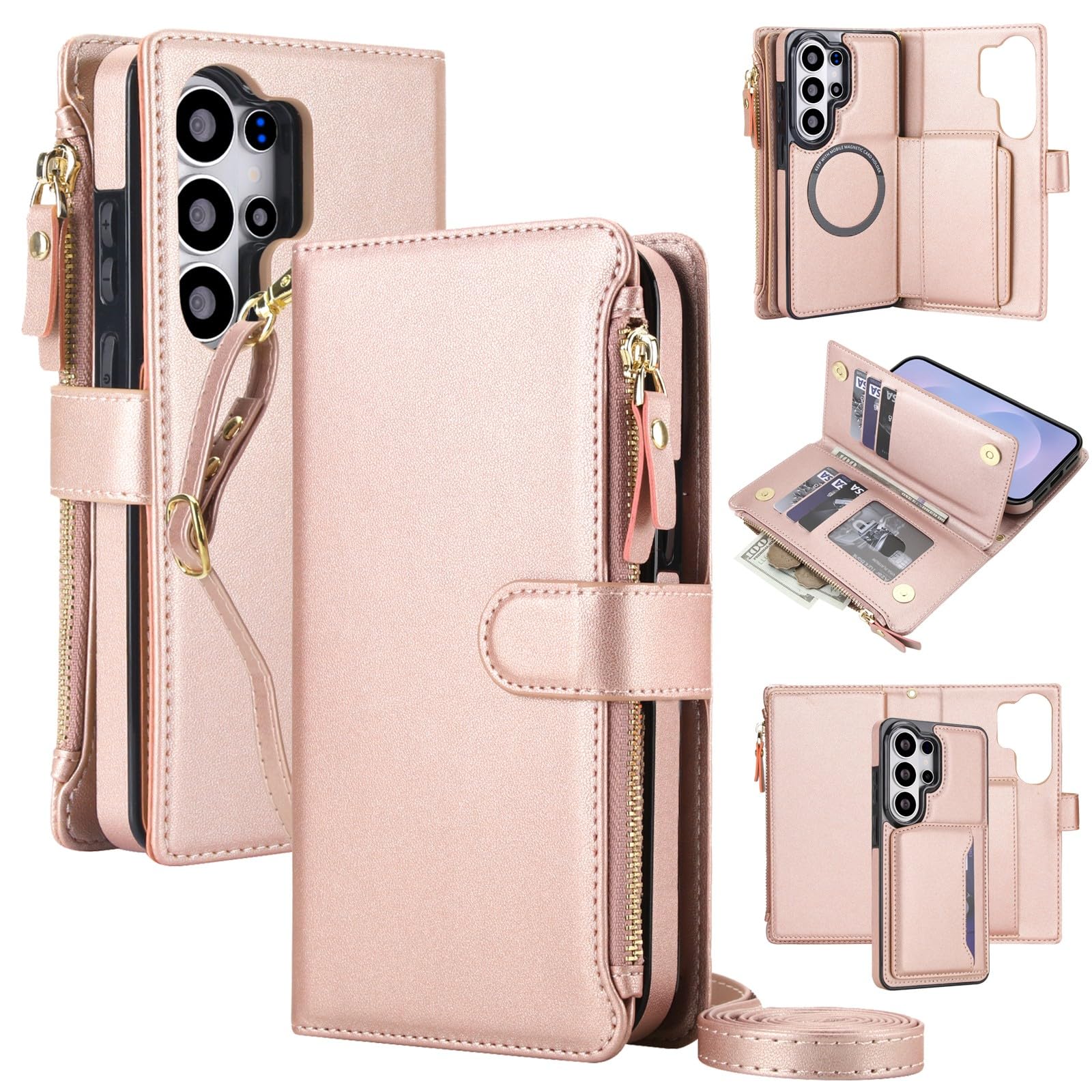 Generic Funda compatible con Samsung Galaxy S23 FE (color: oro rosa) funda de cuero extraíble con correa para el hombro
