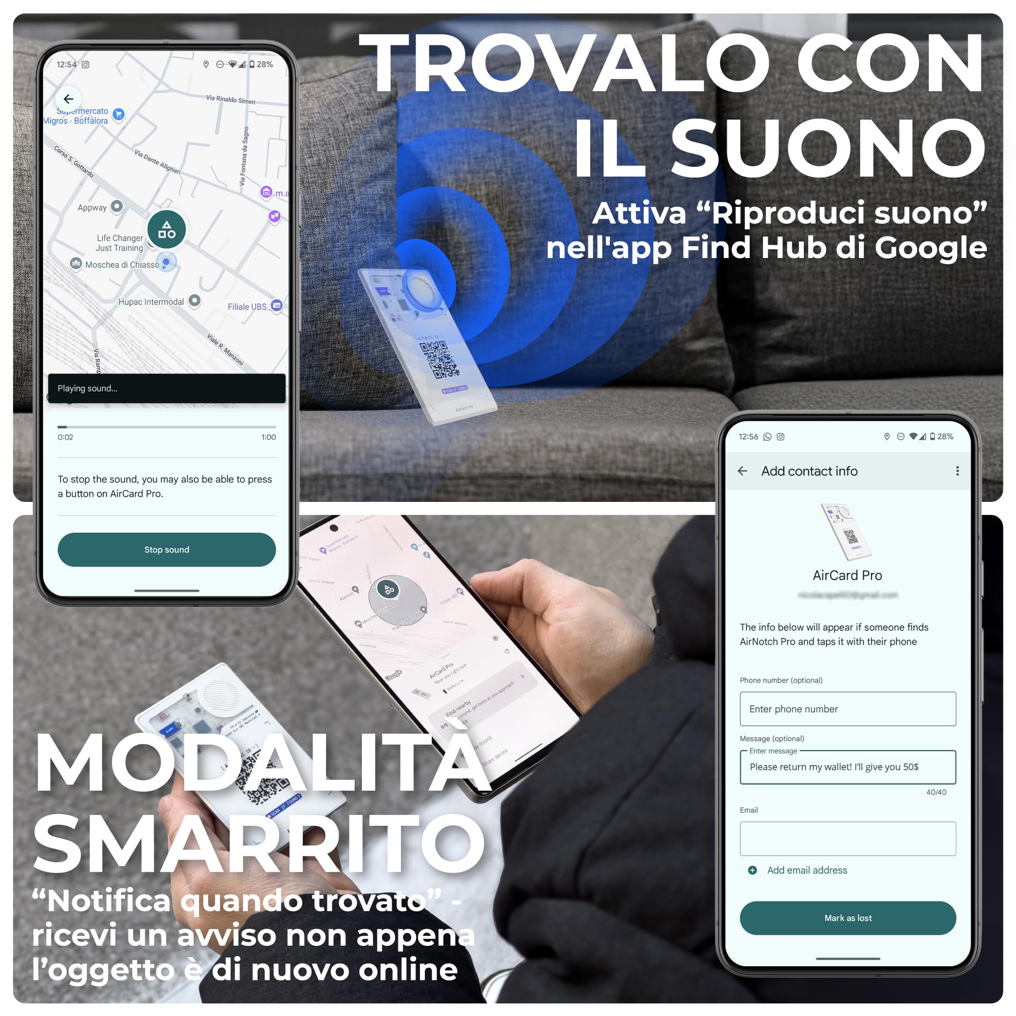 Rolling Square AirCard Pro – Wallet Tracker Card Bluetooth Compatibile Solo con Android Google Find Hub - Localizzatore Bluetooth con Ricarica Wireless e ID Digitale, Gadget Tecnologici Smart Tag (x1)