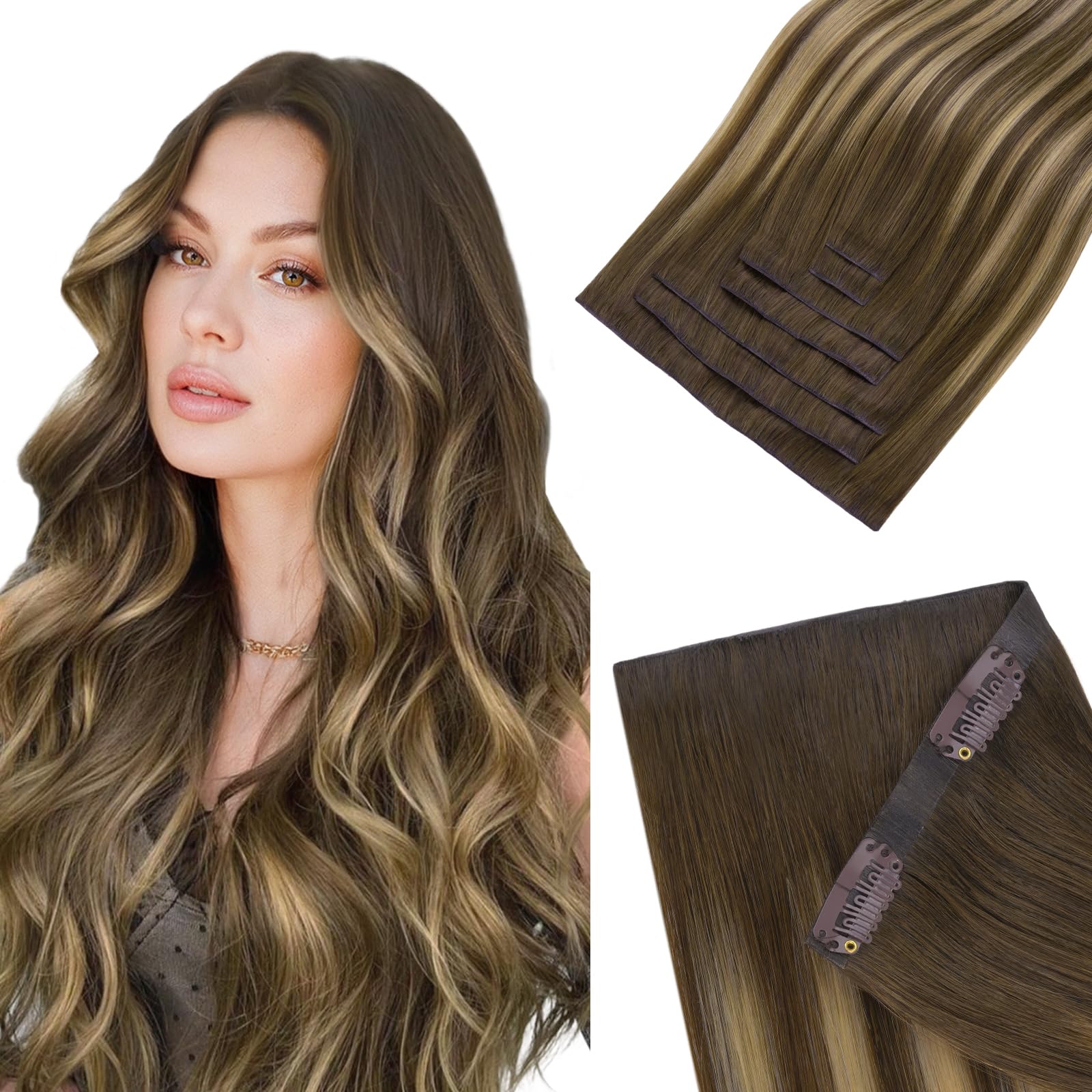 hotbanana Invisi Edge Clip In Extensions Echthaar, Balayage Schokoladenbraun bis Karamellblond Nahtlose Remy Clip In Echthaar Extensions Injected Seamless Hair Extensions 40cm | Echthaar-Haarverlängerung, zum Anklipsen, 110 g, Nr. 4/27/4, Schokoladenbraun