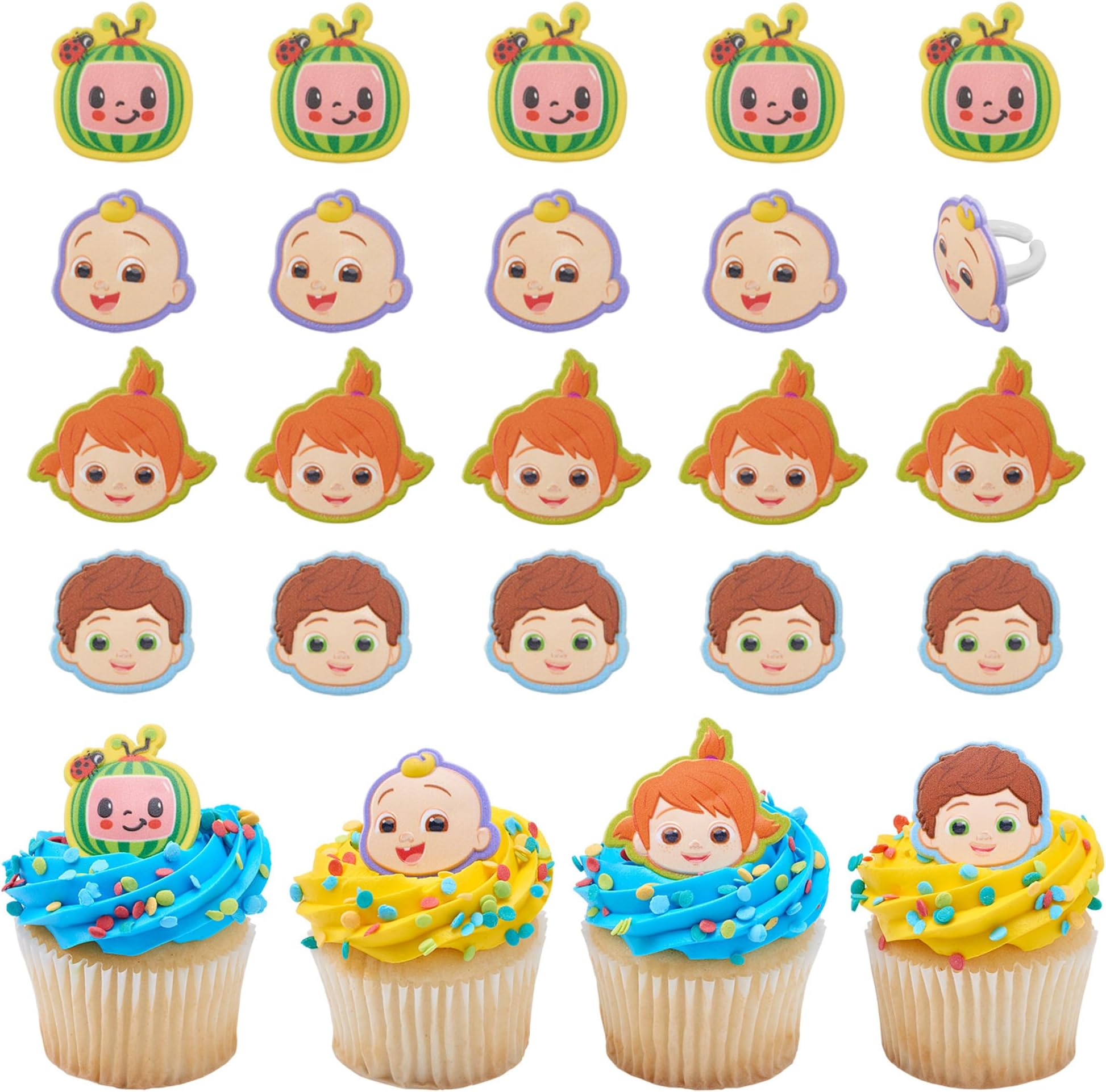 DecoPac CoComelon Playtime Rings | 24 Cupcake Toppers Featuring JJ, YoYo & TomTom | CoComelon Cake Decorations, Food Safe & Ready To Use - 24 Pack