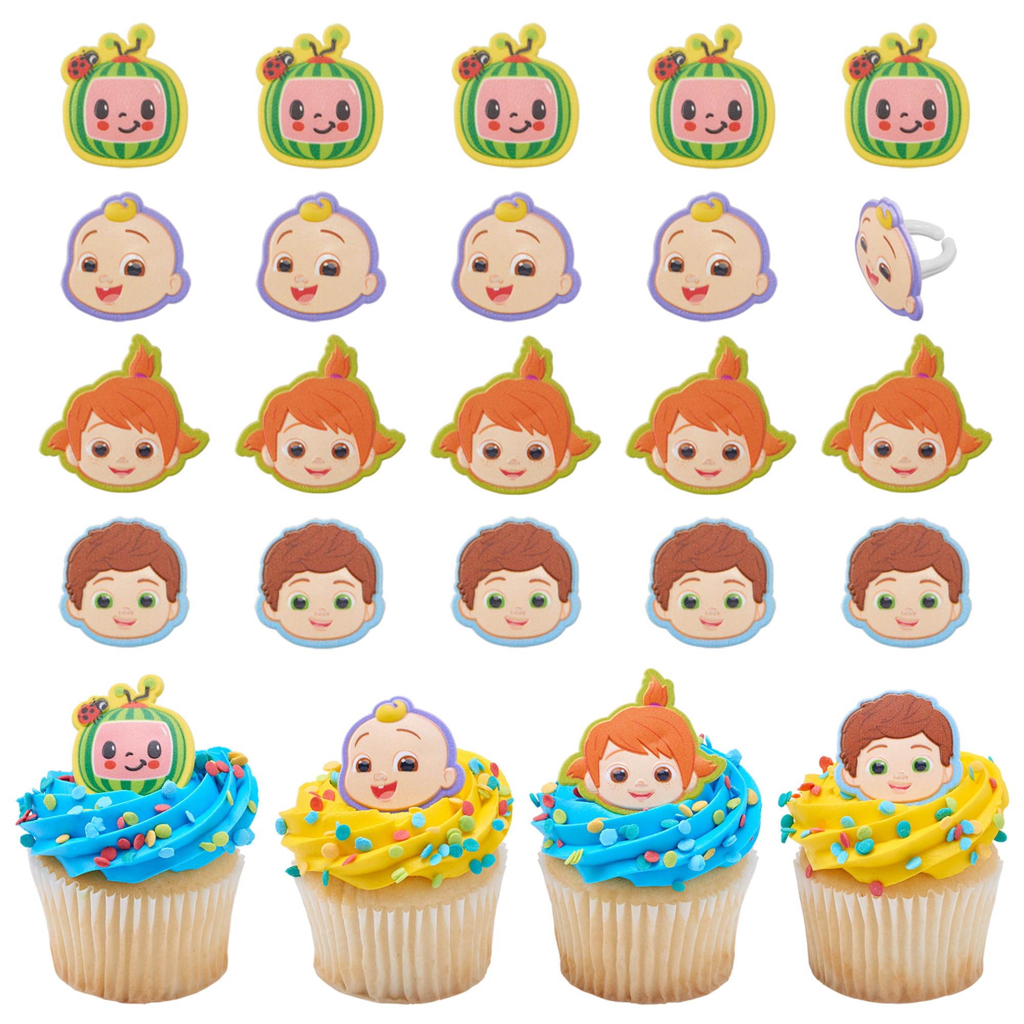 DecoPac CoComelon Playtime Rings | 24 Cupcake Toppers Featuring JJ, YoYo & TomTom | CoComelon Cake Decorations, Food Safe & Ready To Use - 24 Pack