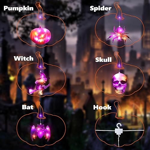 Miniatura 5 de Lomotech Luces de ventana de Halloween, 8.9 pies, 108 luces LED de Halloween moradas y naranjas con control remoto, luces de cortina con 10 adornos