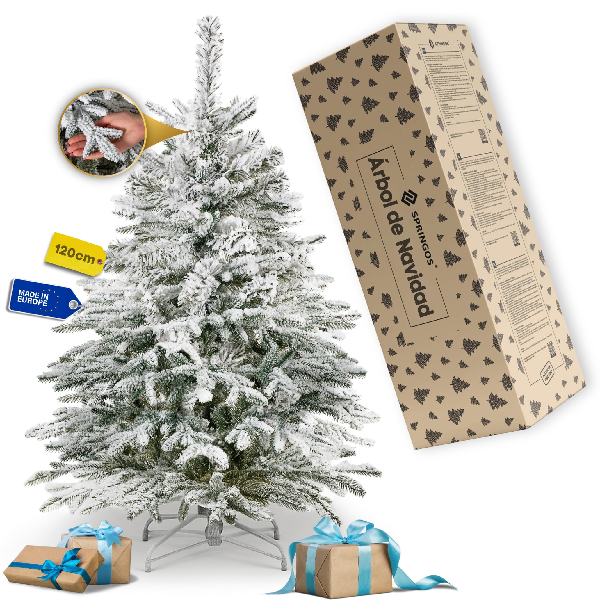 Springos Árbol de Navidad Artificial de 120 cm en Tronco Cubierto de Nieve, Abeto Natural Artificial con 140 Puntas y Soporte de Metal Estable, Aspecto de Nieve, pequeño para decoración de Invierno