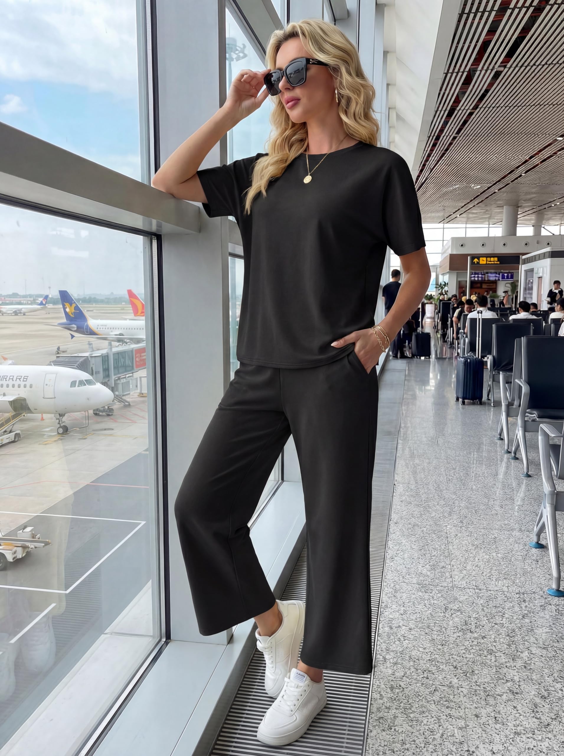 GRECERELLE Jogginganzug Zweiteiler Damen Sommer Trainingsanzug Outfits Tracksuit Kurzarm Lässige Rundhals Tshirts und weite Jogginghosen Trainingsanzüge mit Taschen - 4