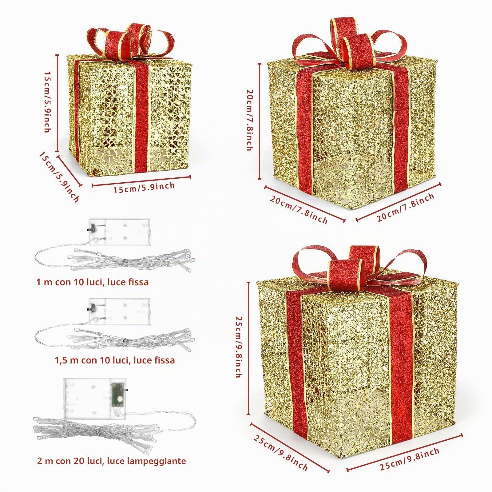 Scatola Regalo Regali Natale GWHOLE Set di 3, Scatole Regalo con Luci a LED Giallo Calde Pacchi Natalizi con Orpelli e Fiocco per Decorazioni Natalizie