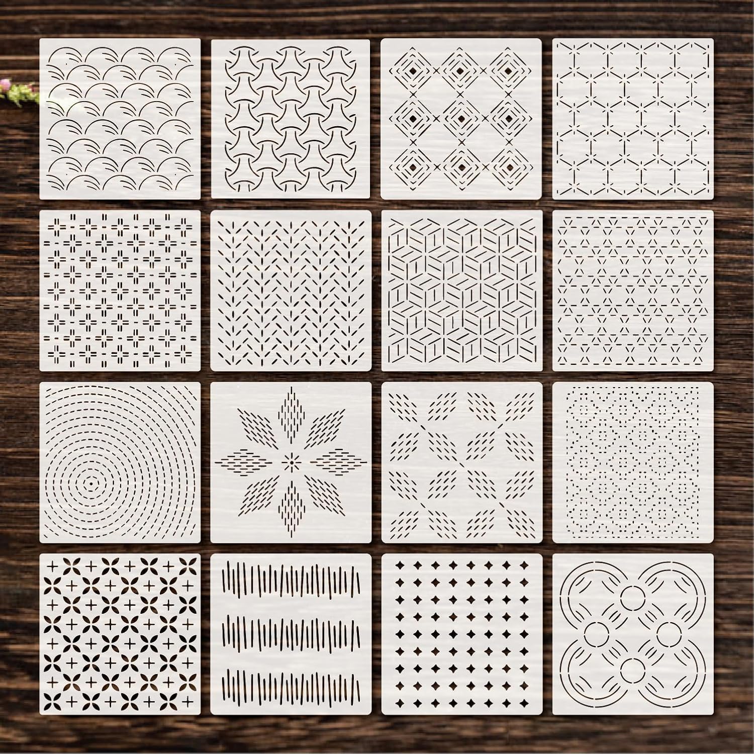 Sashiko Stencil 16pcs Reusable Plastic Templates 6 * 6 Inch Reusable Stencils Hand Quilting Stencils Embroidery Pattern Sewing Craft Paint Template