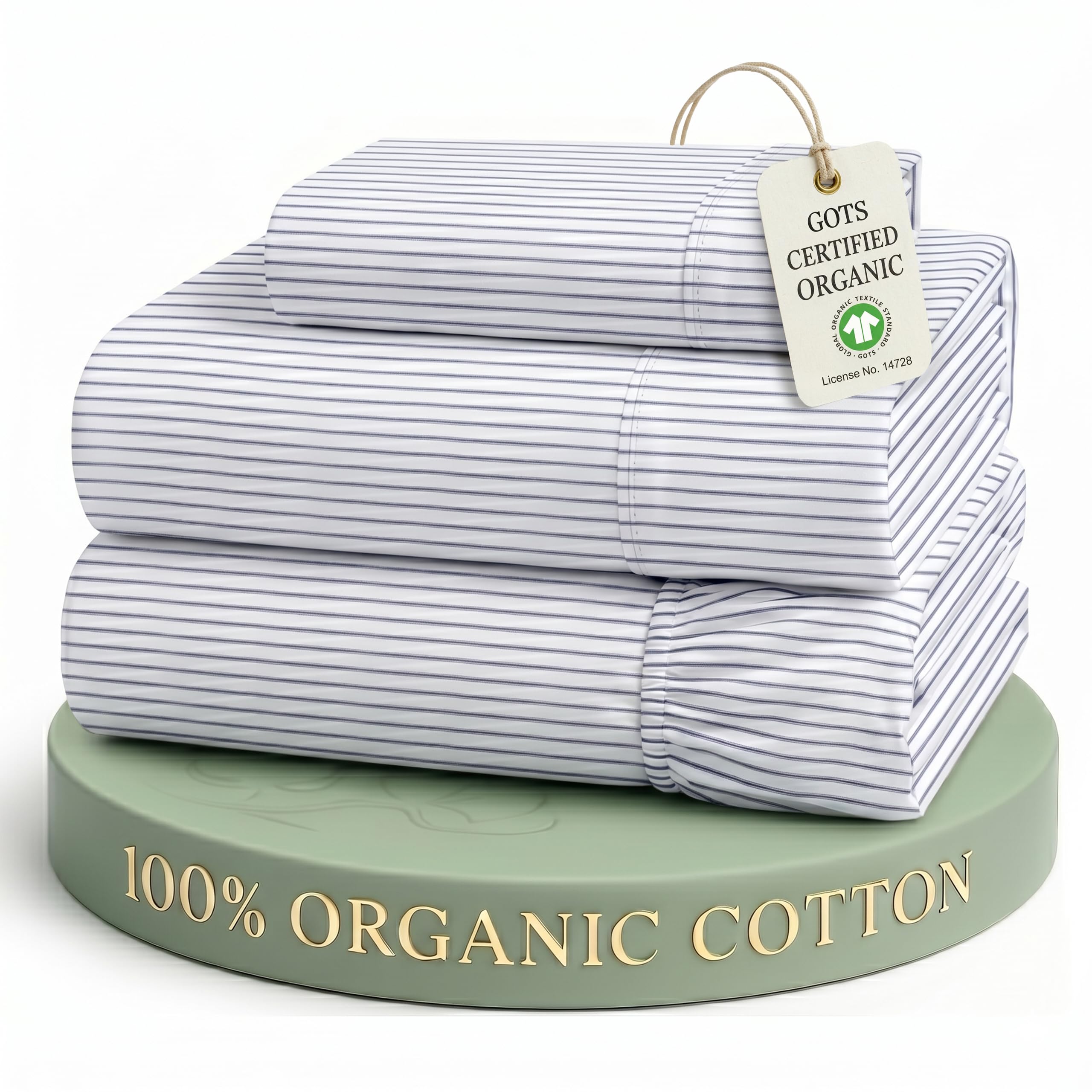 LANE LINEN Sheets Twin Size Bed Set 100% Organic Cotton GOTS Certified Percale Weave Deep Pocket 3 Piece Soft Breathable Cooling Lightweight All Season Machine Washable - Ticking Stripe-Cobalt Blue — image 1