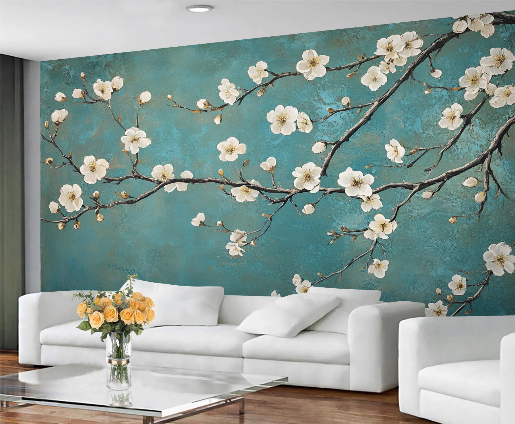 GIVLWF Wallpaper - Floral Home Decor & Mural, White Flowers Bedroom Wallpaper, Wall Paper for Living Room, Large Wall Mural - Not Self-Adhesive, Abstract Green — image 1