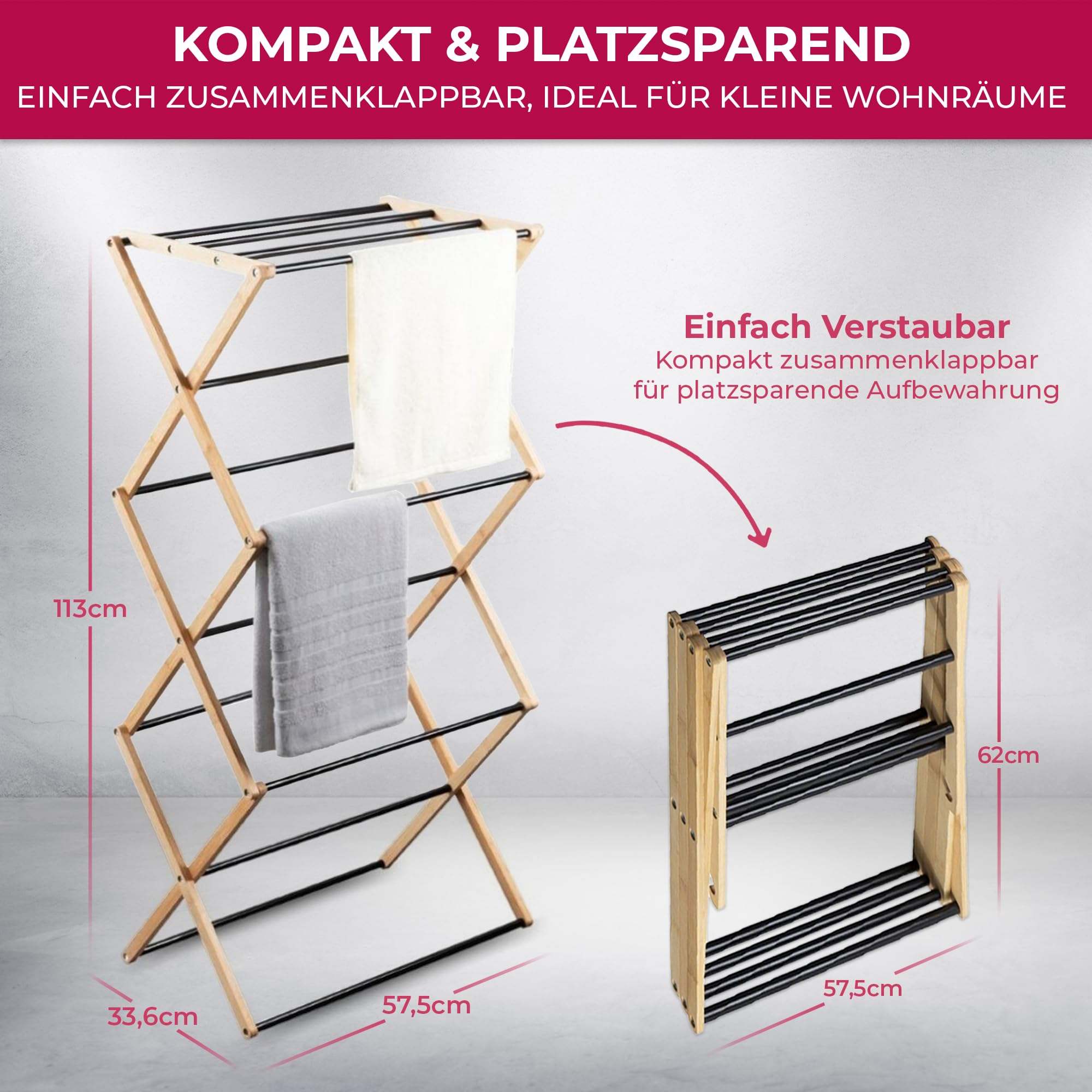 Suleno Bambus Wäscheständer Bali, 57x113cm Klappbar & Ausziehbar | Platzsparend, 11 Metallstangen, 6 Ebenen, Leicht, Ideal für kleine Wohnungen, Enge Räume & Balkon, Innen/Außen, Faltbar, Turm