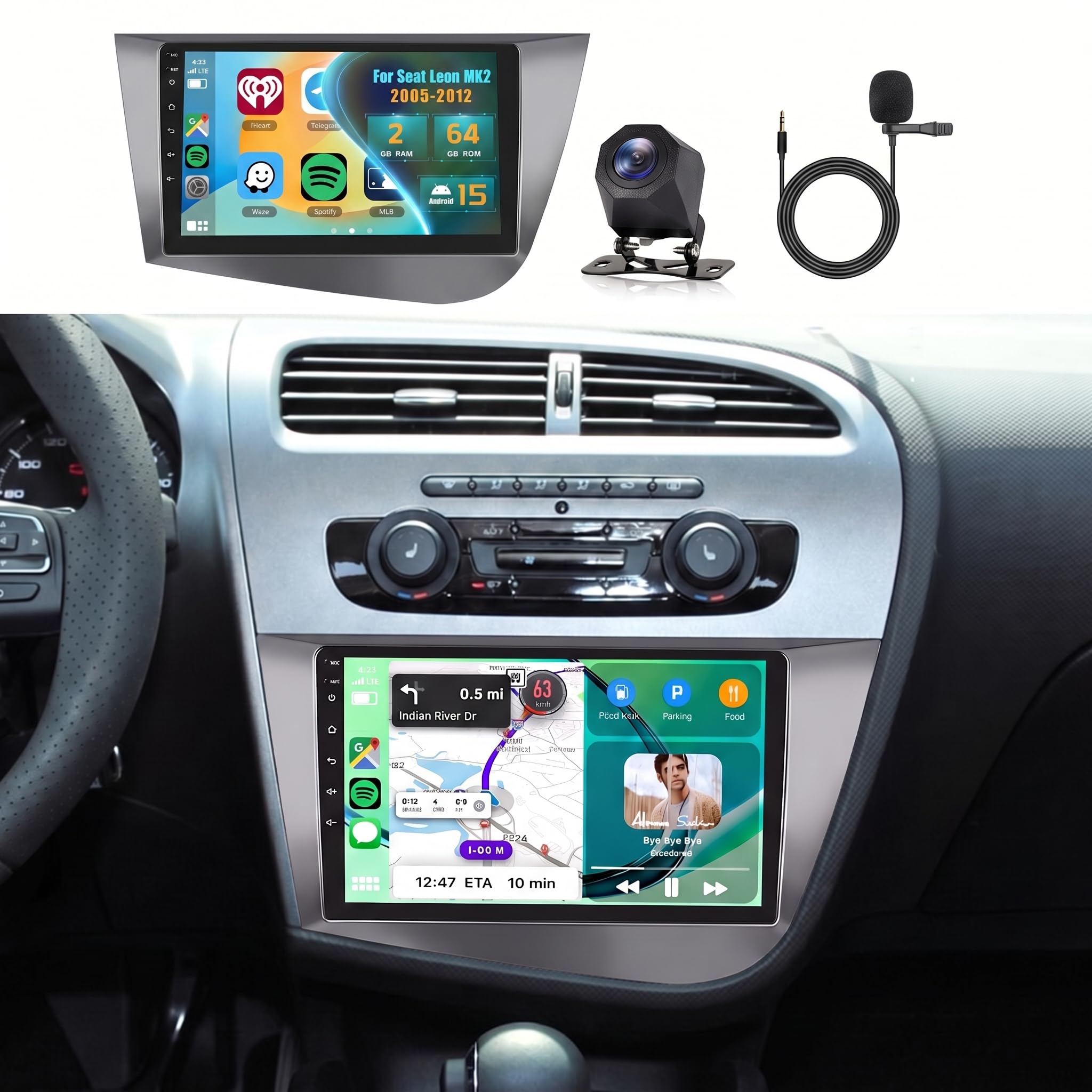 [2G+64G] Inefala Android 15 Radio Coche para Seat Leon MK2 2005-2012 con Wireless Carplay Android Auto, 9" Pantalla Autoradio con GPS WiFi RDS/FM Bluetooth EQ SWC Cámara Trasera Mic
