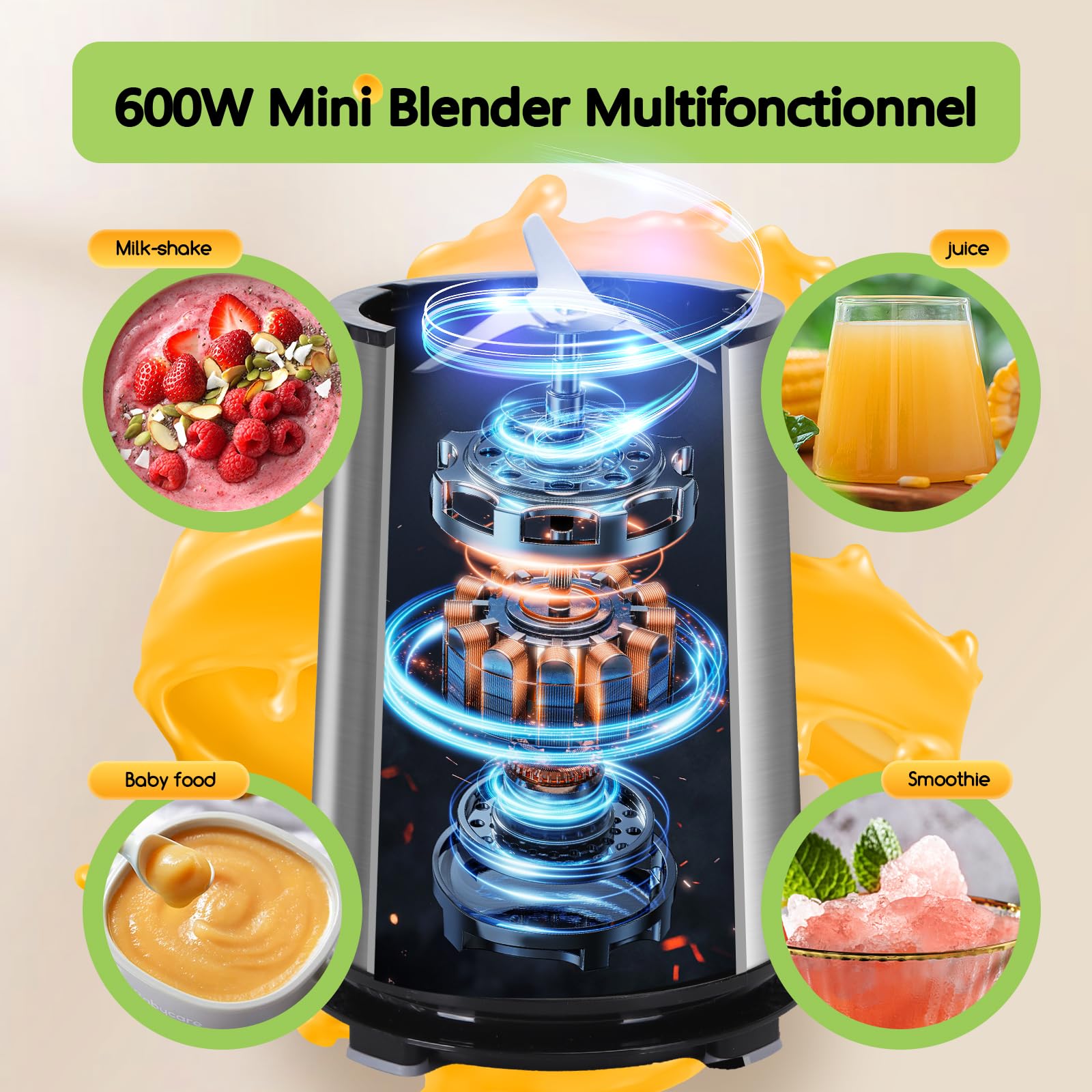 Aigostar Blender Portable, Mixeur Blender avec 2 Bouteilles Portables de 800ml, pour Smoothie Milk-shake Fruits, Puissant 600W. Sans BPA. avec Couvercle pour Maison, Camping et Voyage.