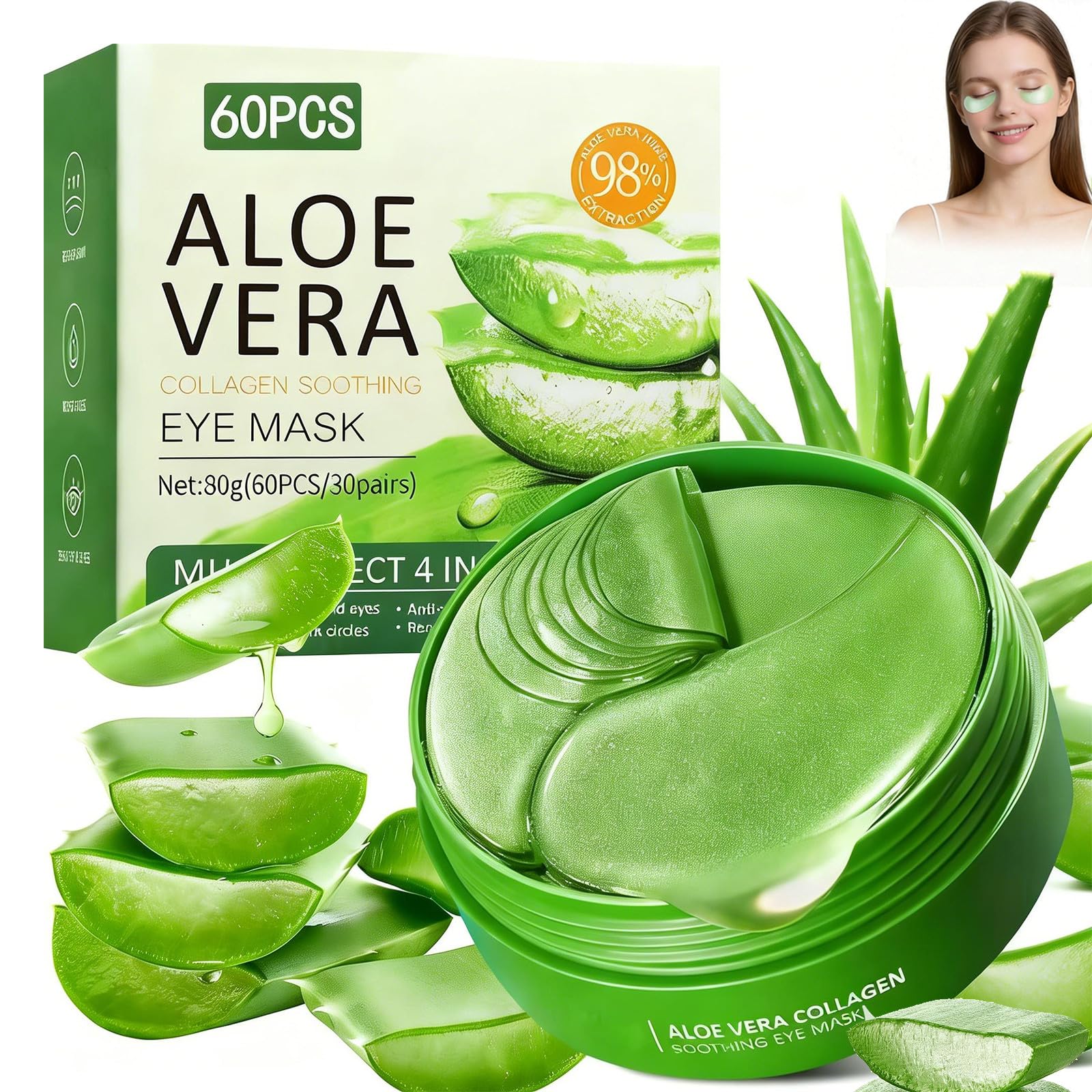 60Pcs Aloe Vera Augenpads,Kollagen Augenpads gegen Augenringe, Hyaluronsäure Augenmaske, Anti Aging,Augenringe Entfernen, Falten, Tränensäcke,Puffiness (Grün)