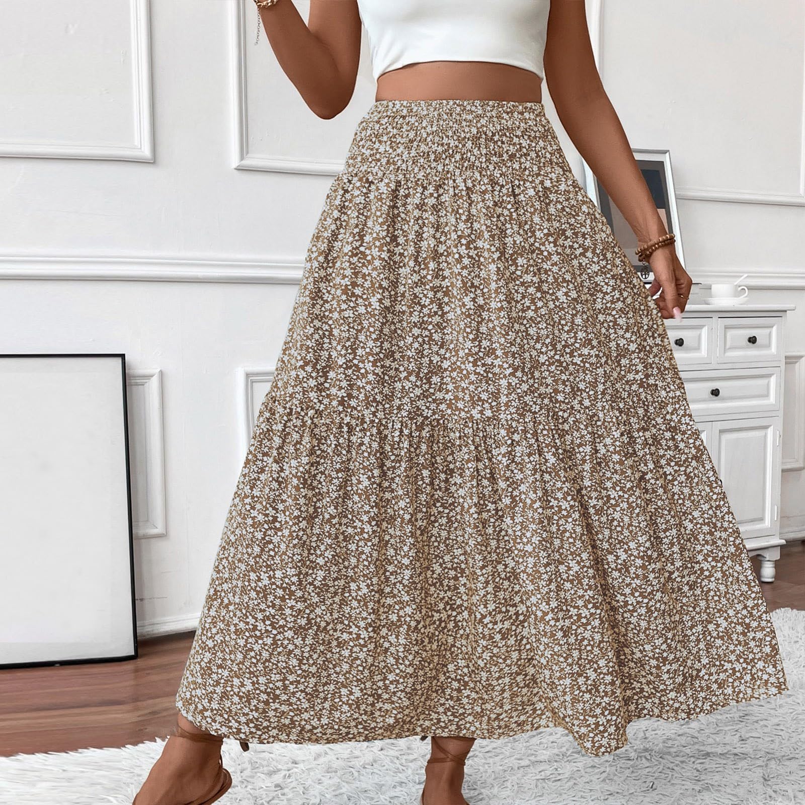 Damen Rock Lang Elegant Sommerrock Mit Taschen Stretch High Waist Damenröcke Boho Strand Summer Skirt